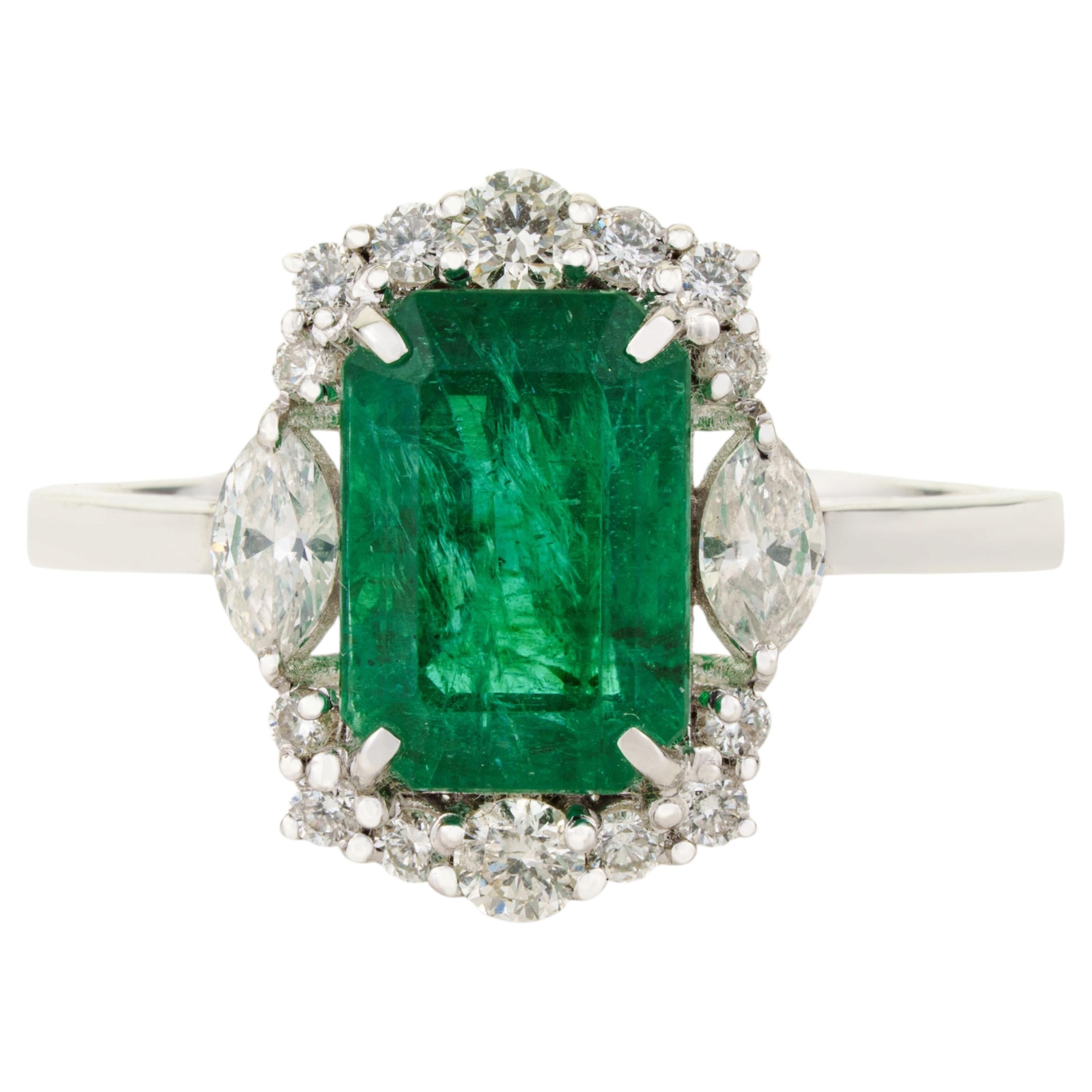 Luxury 2.44ct Emerald Diamond Halo Cocktail Ring in 18K White Gold Fine Jewelry