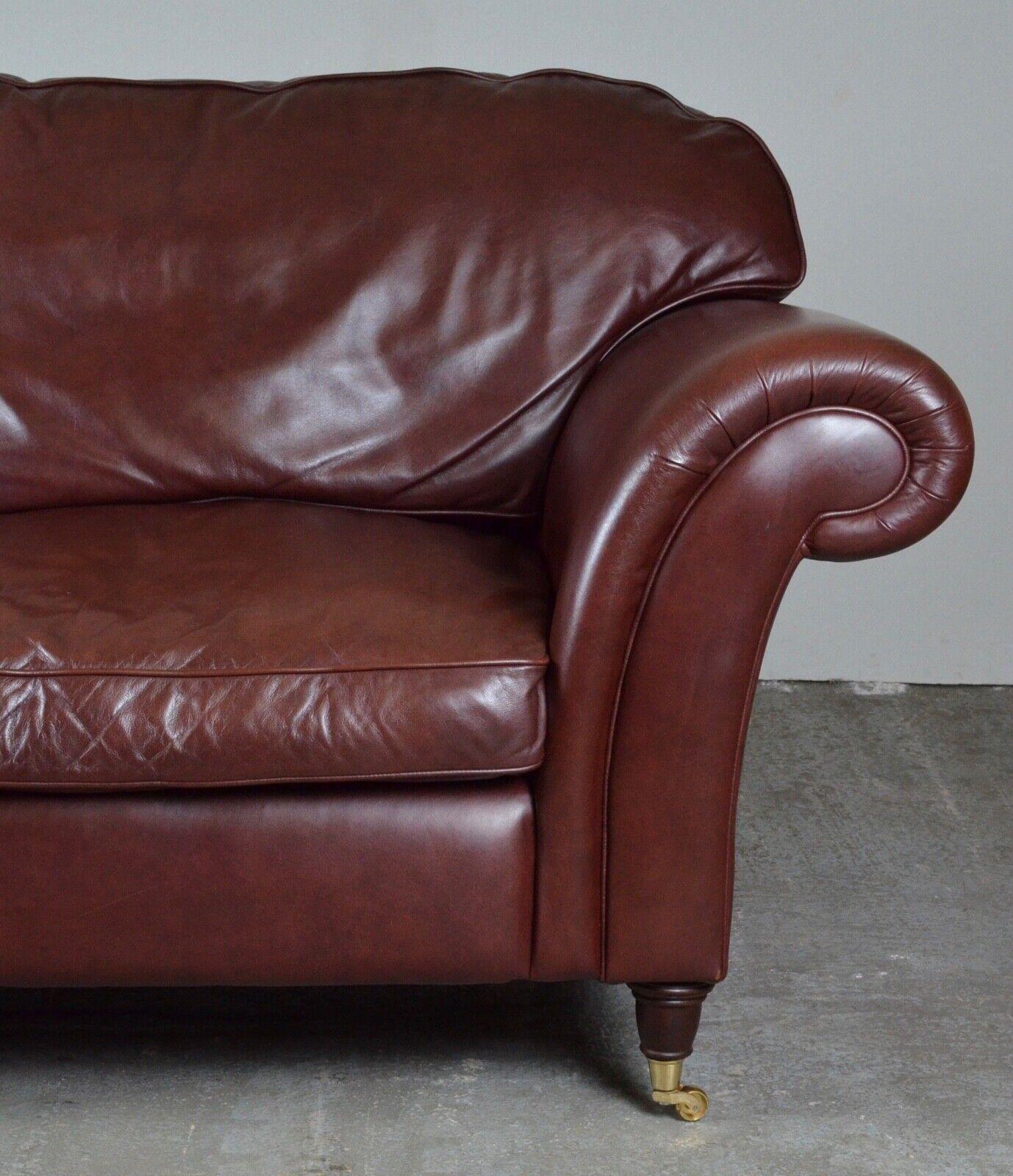 English Luxury 3 Seater Heritage Brown Leather Laura Ashley Mortimer Sofa with Castors For Sale