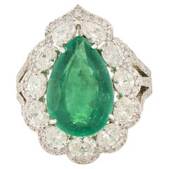 Luxury 5.03ct Pear Emerald and 1.99ct Diamond Halo Cocktail Ring 18K White Gold