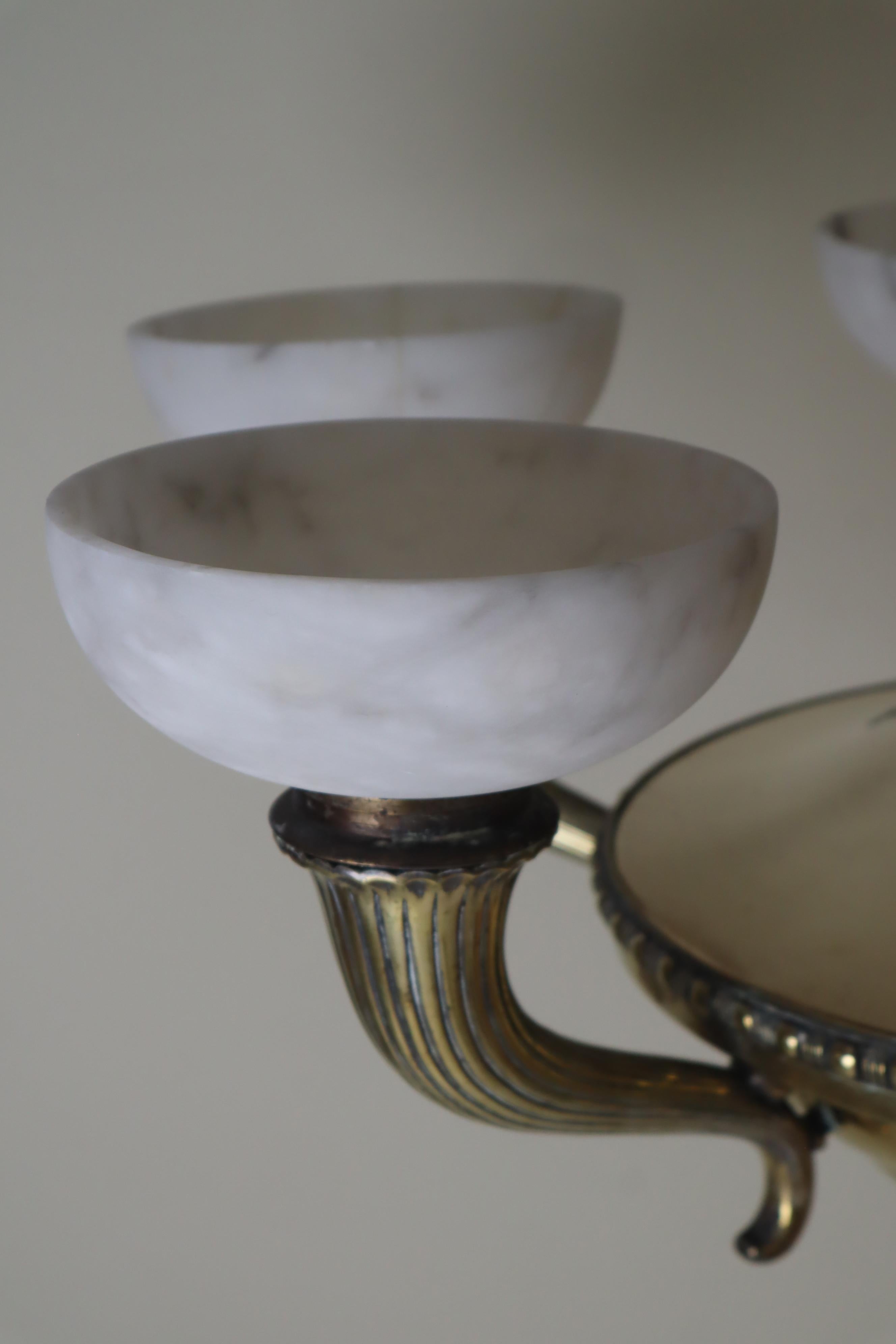 Luxury Alabaster and Brass Art Nouveau Cornucopia Chandelier For Sale 4