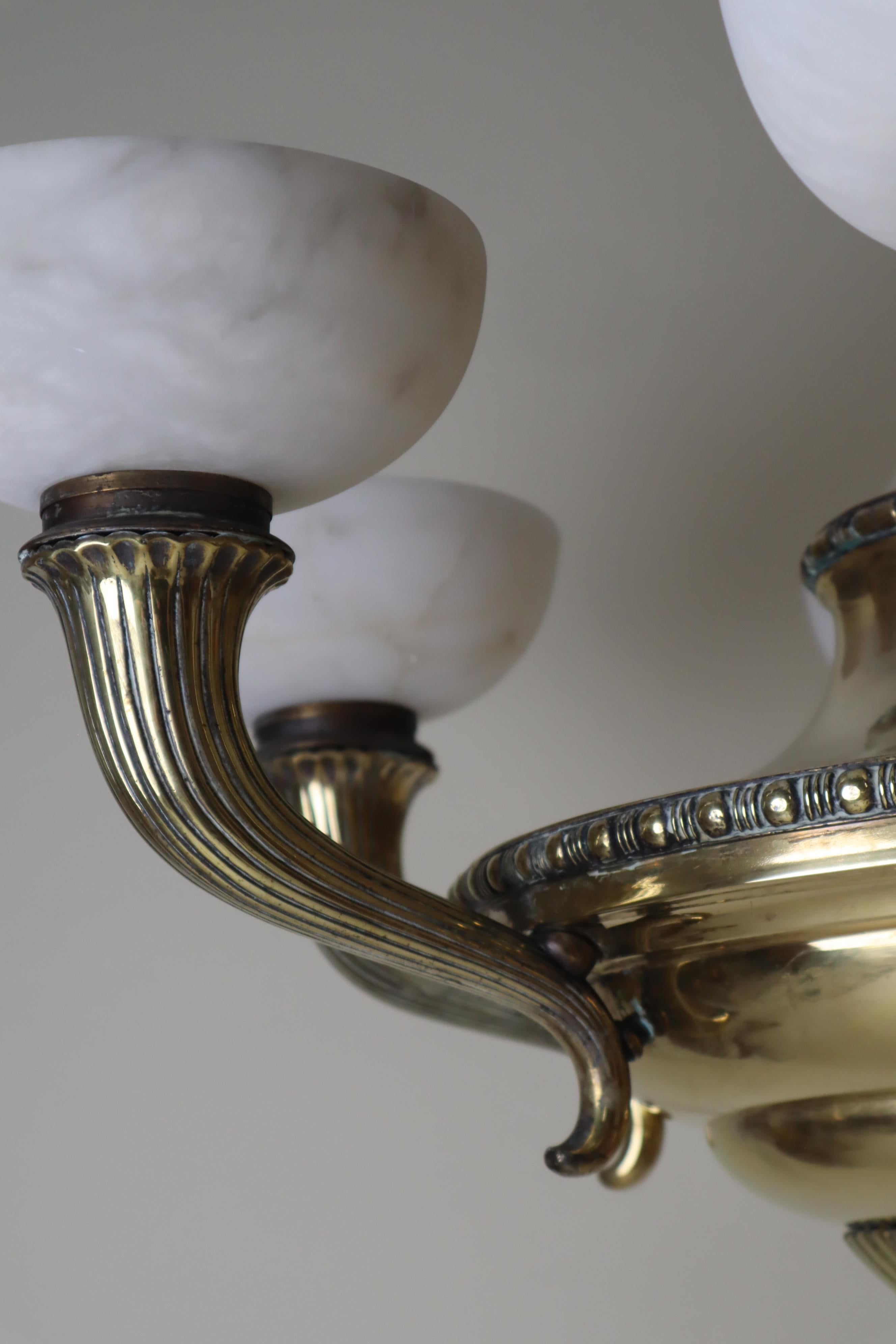 Luxury Alabaster and Brass Art Nouveau Cornucopia Chandelier For Sale 5