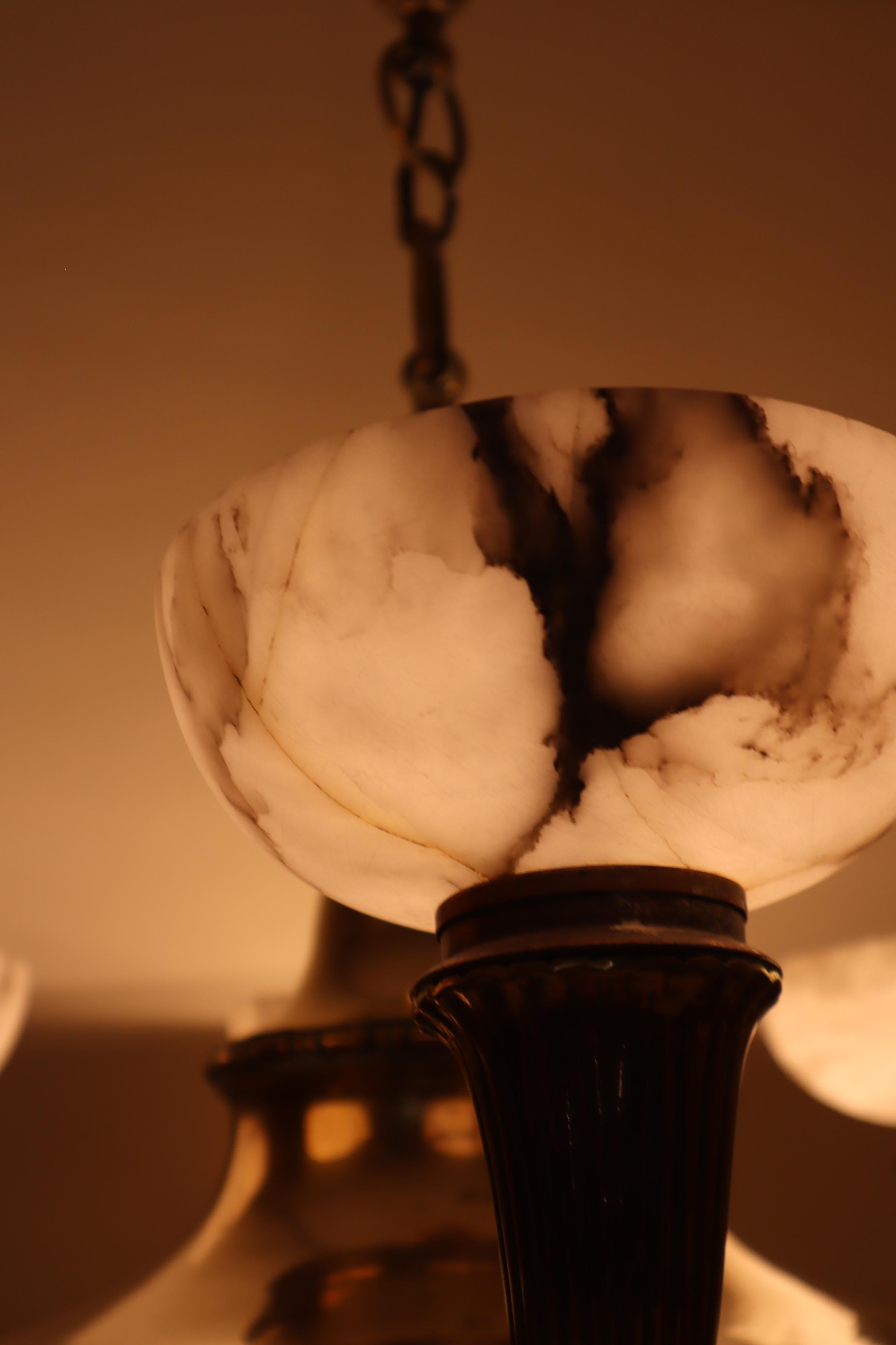 Luxury Alabaster and Brass Art Nouveau Cornucopia Chandelier For Sale 13