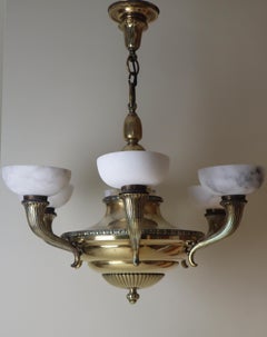 Luxury Alabaster and Brass Art Nouveau Cornucopia Chandelier