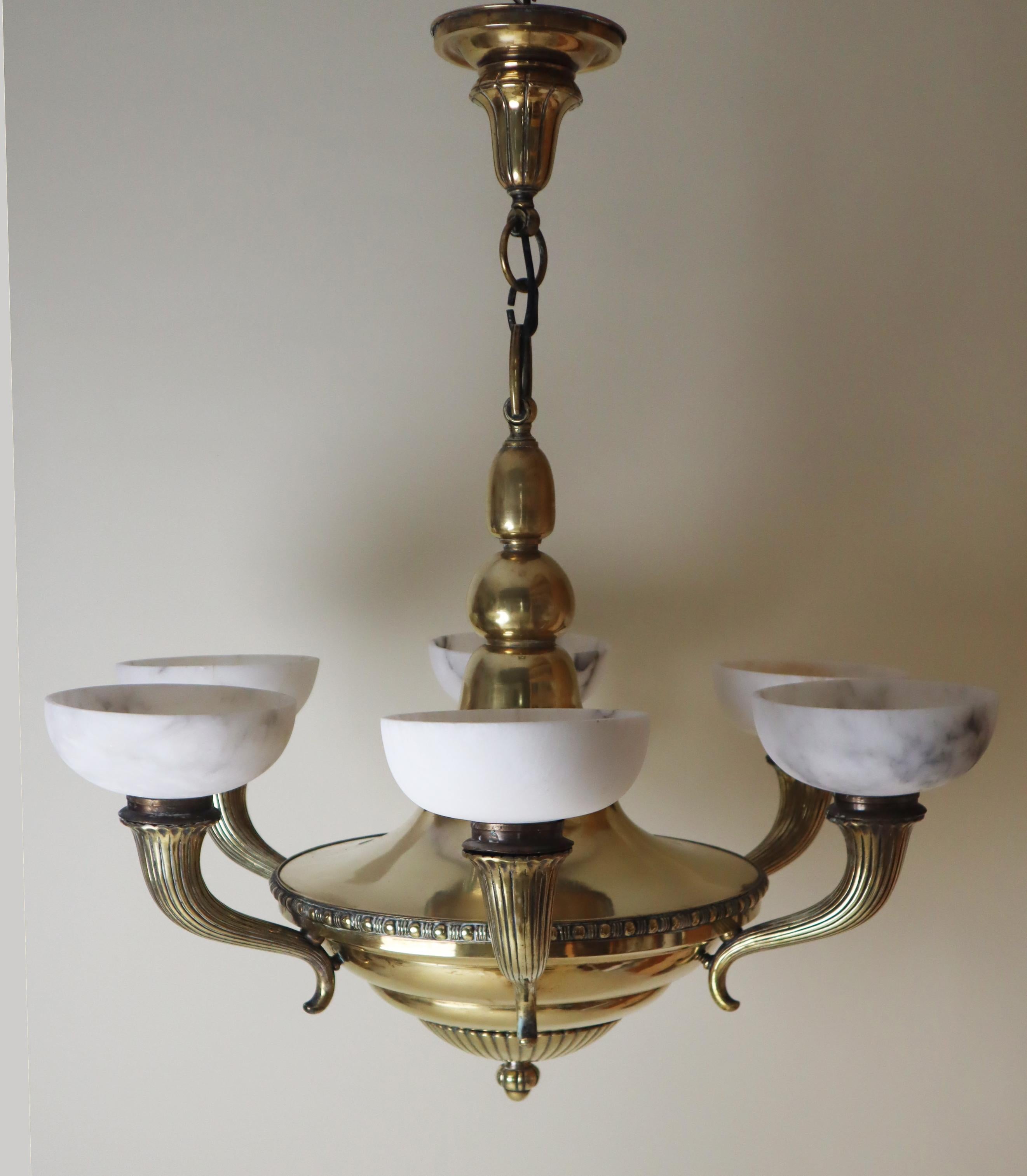 French Luxury Alabaster and Brass Art Nouveau Cornucopia Chandelier For Sale