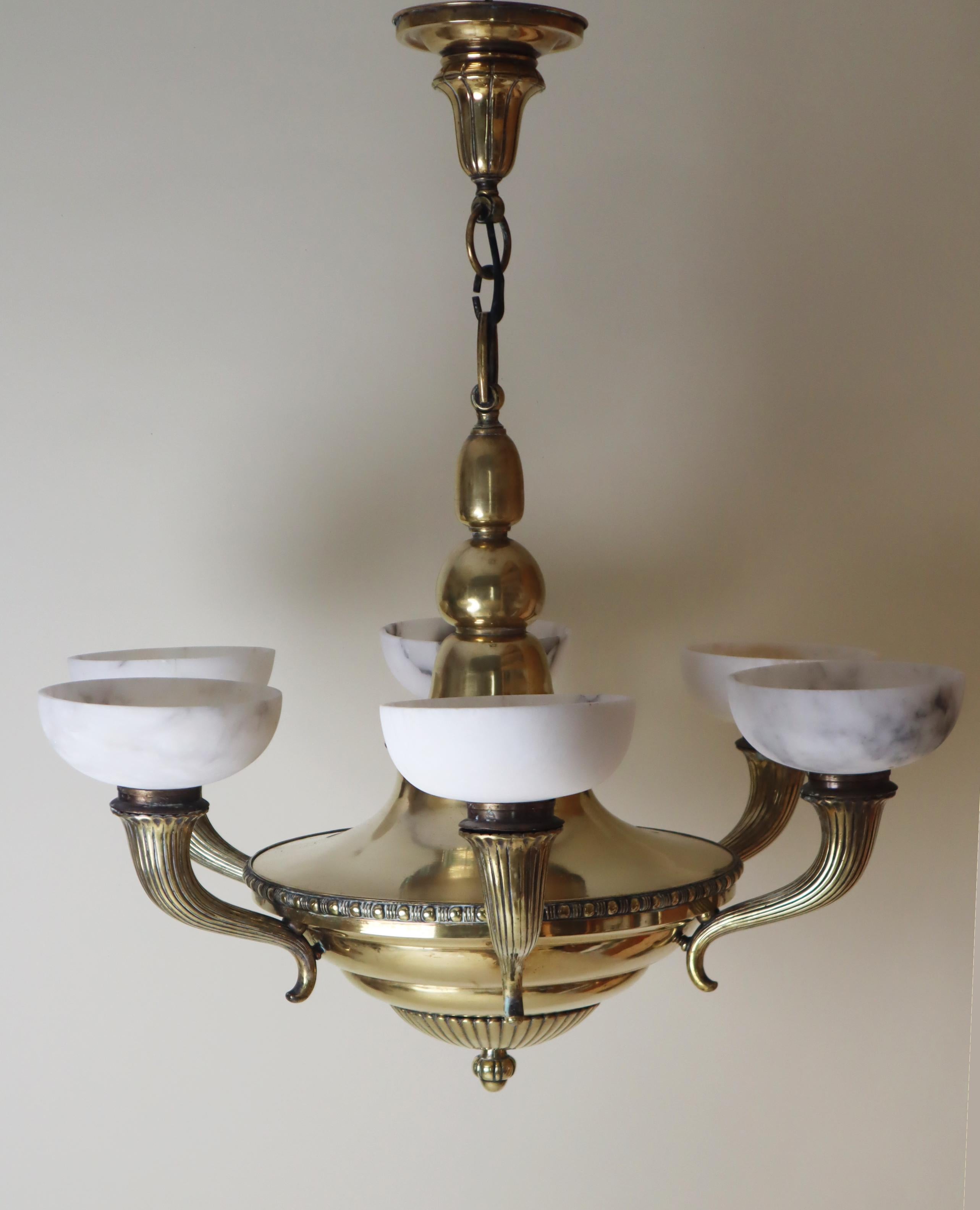 Luxury Alabaster and Brass Art Nouveau Cornucopia Chandelier For Sale 2