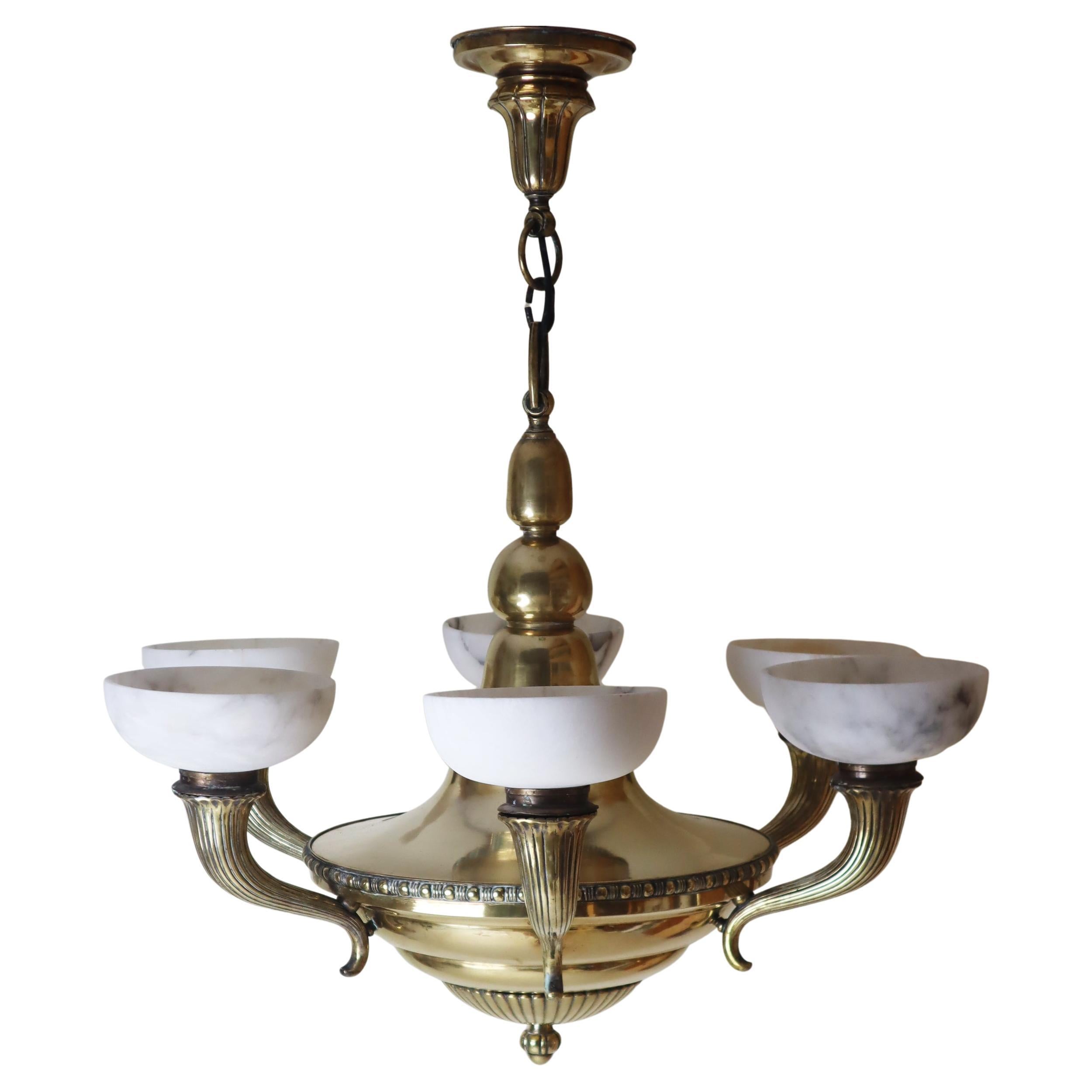 Luxury Alabaster and Brass Art Nouveau Cornucopia Chandelier For Sale