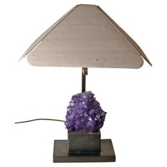 Lampe de table luxueuse en laiton avec abat-jour en soie naturelle et améthyste