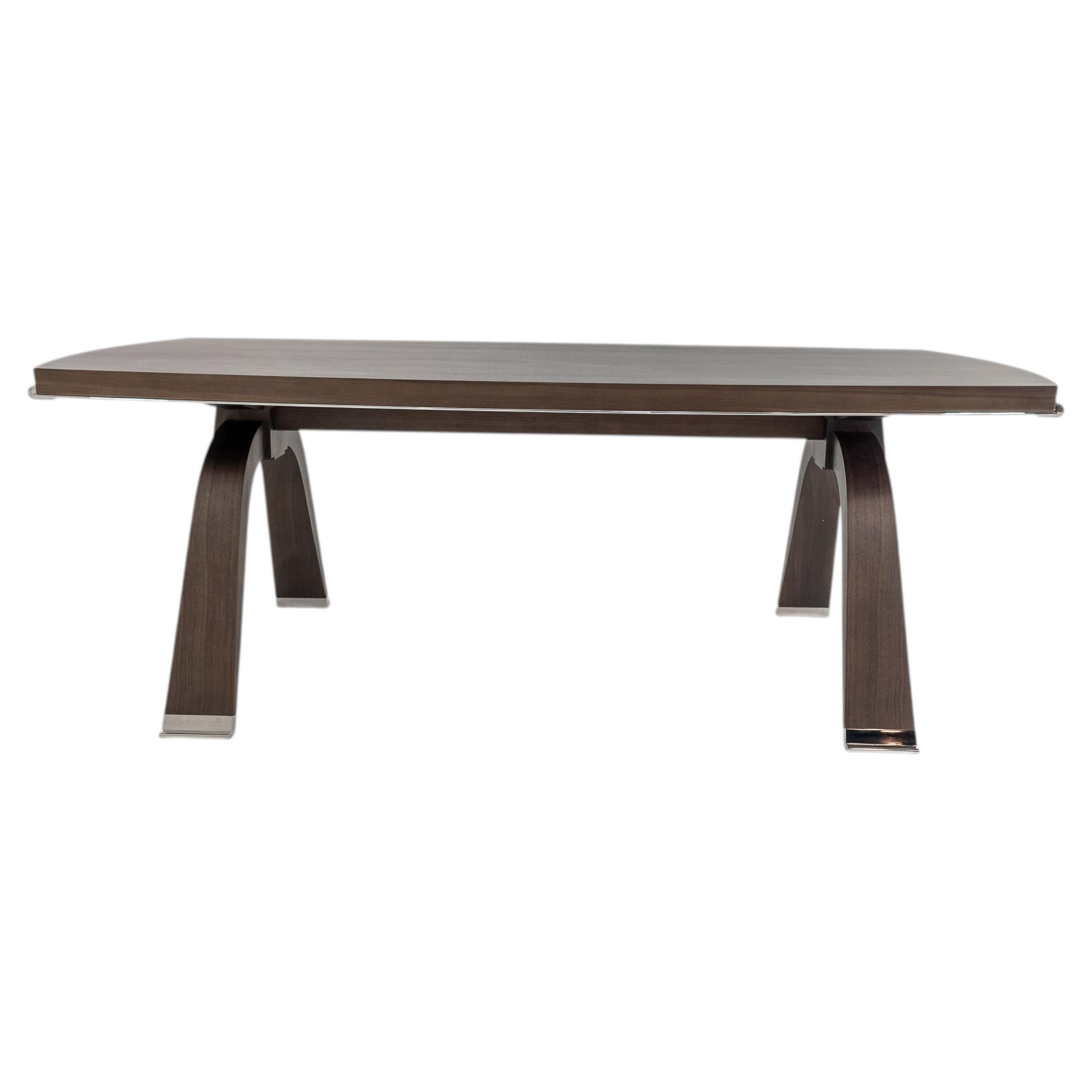 Luxury art deco Dining table in matte walnut et nickel details For Sale