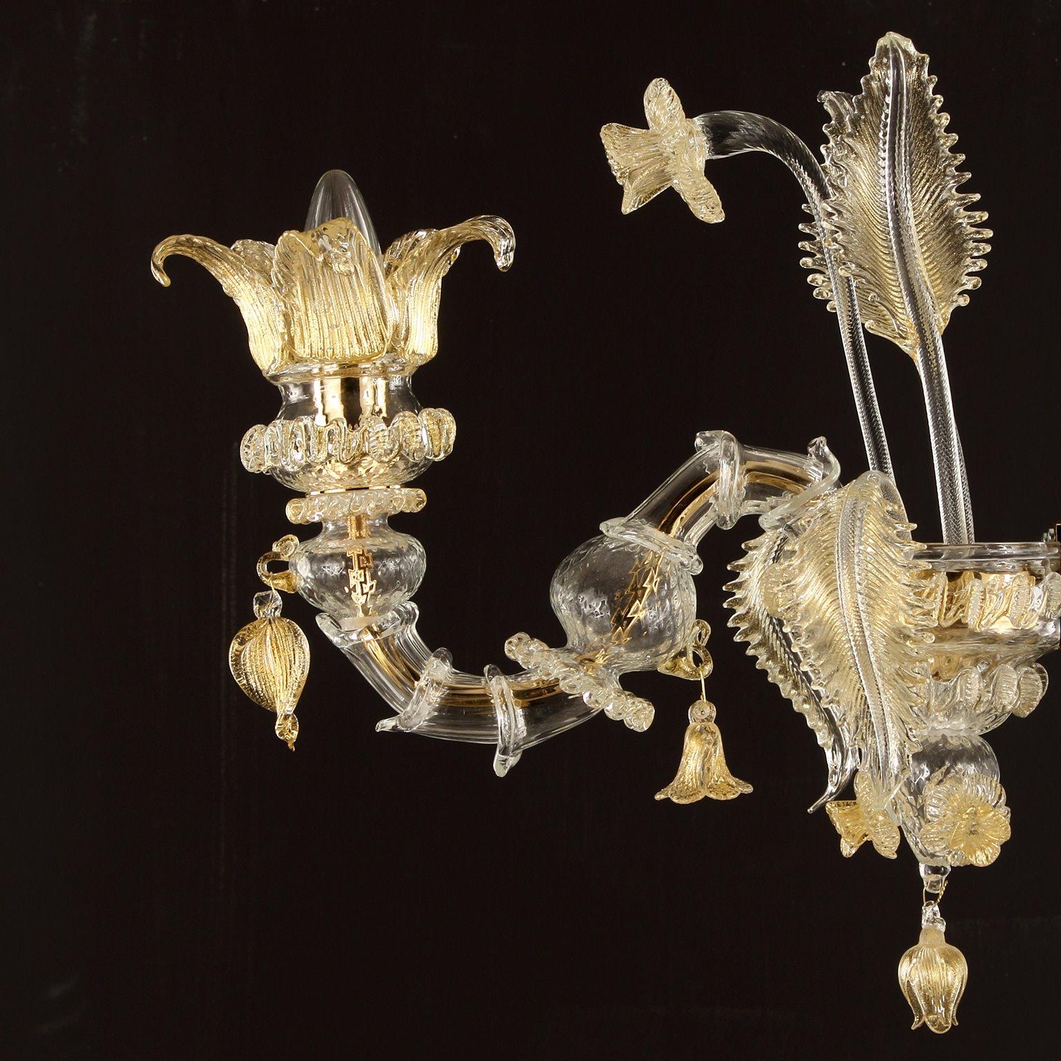 Contemporary Luxury Artistic Rezzonico Sconce 1 Arm Clear and Gold Murano Glass, Multiforme For Sale