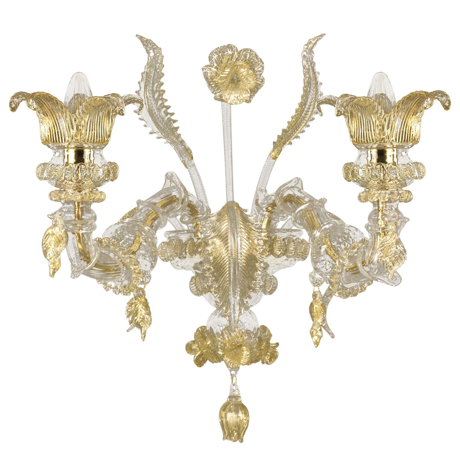 Applique de luxe artistique Rezzonico à 2 bras en verre de Murano transparent et doré, multiforme