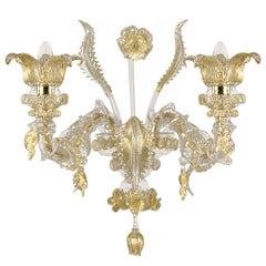 Luxury Artistic Rezzonico Sconce 2 Arms Clear and Gold Murano Glass, Multiforme