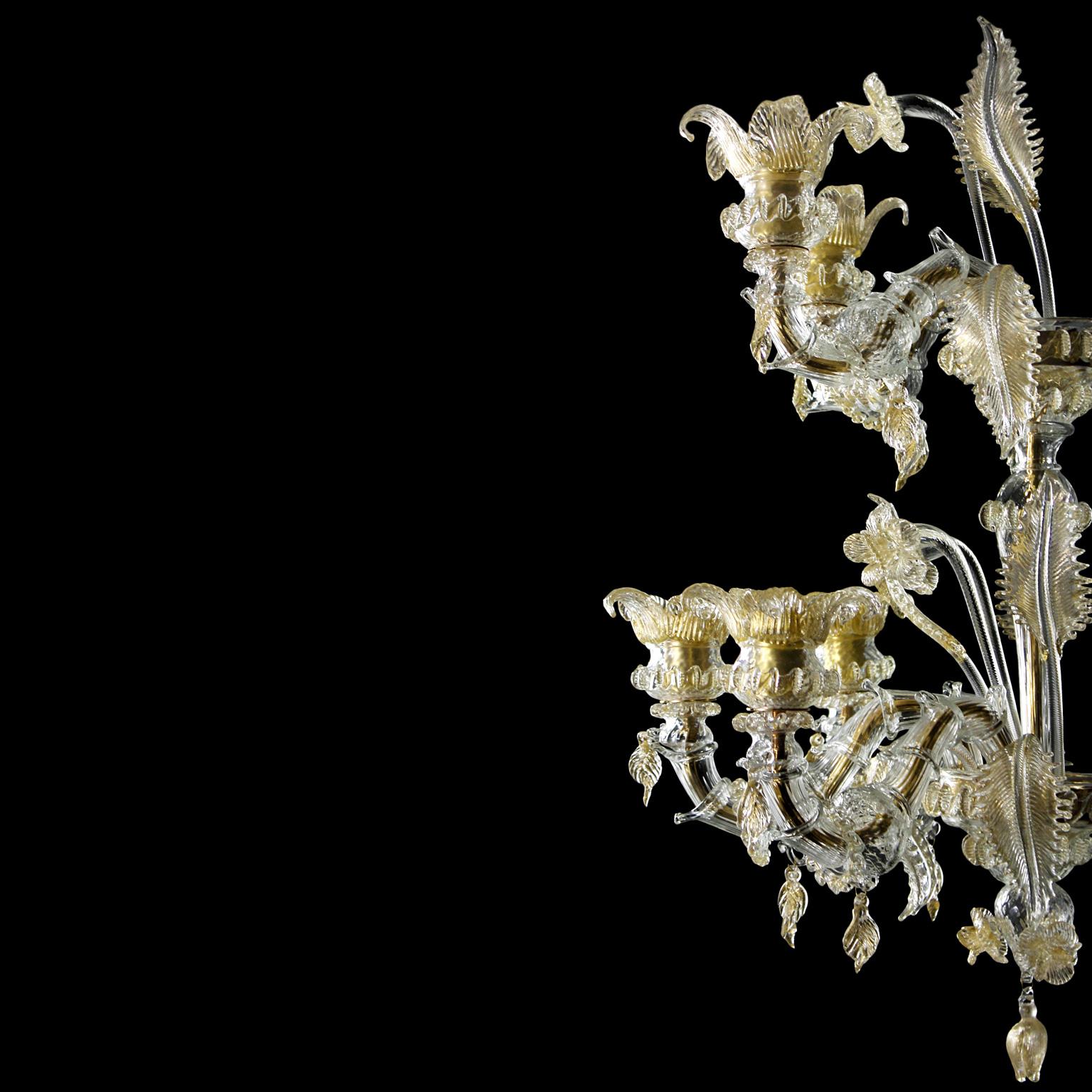 XXIe siècle et contemporain Applique Rezzonico de luxe artistique à 5 bras en verre de Murano transparent et or par Multiforme en vente