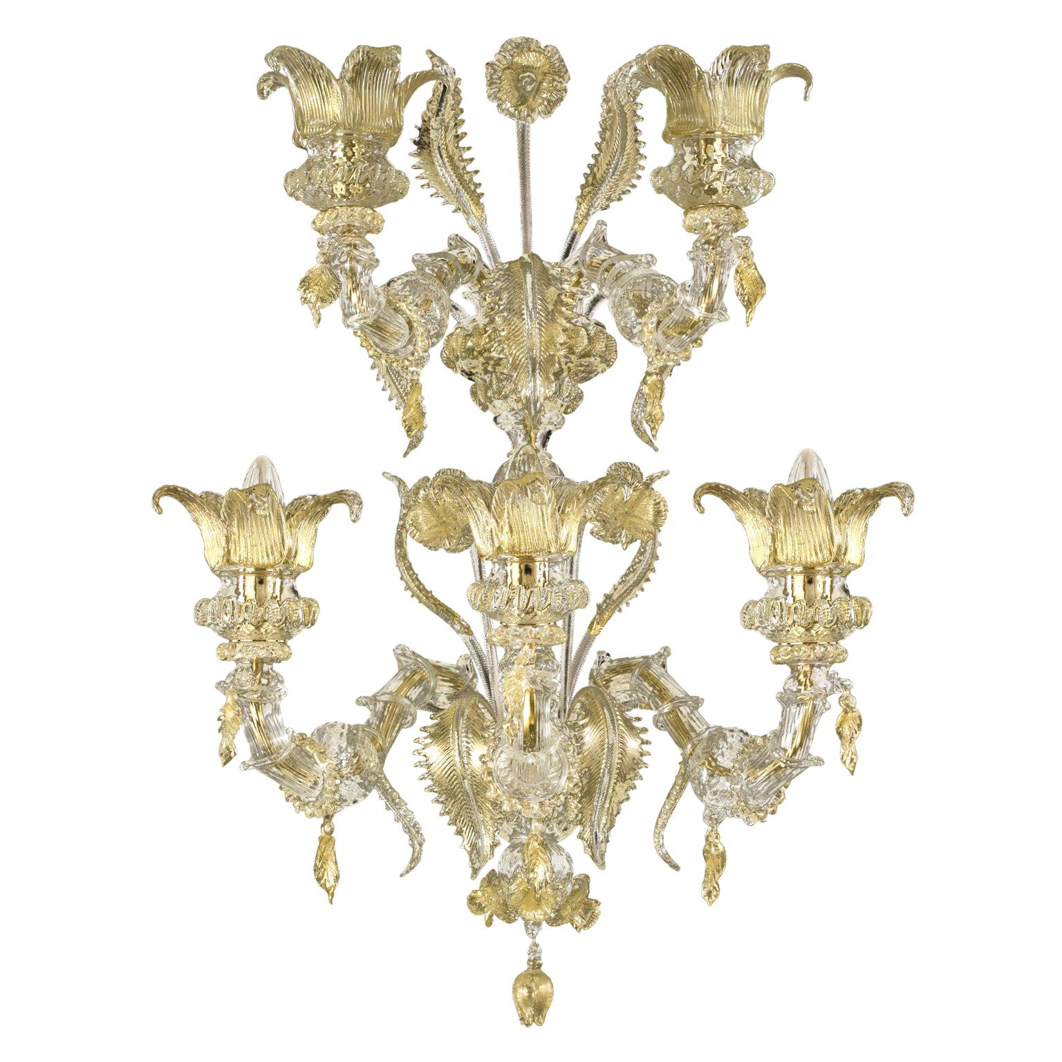 Luxury Artistic Rezzonico Sconce 5Arms Clear and Gold Murano Glass by Multiforme For Sale