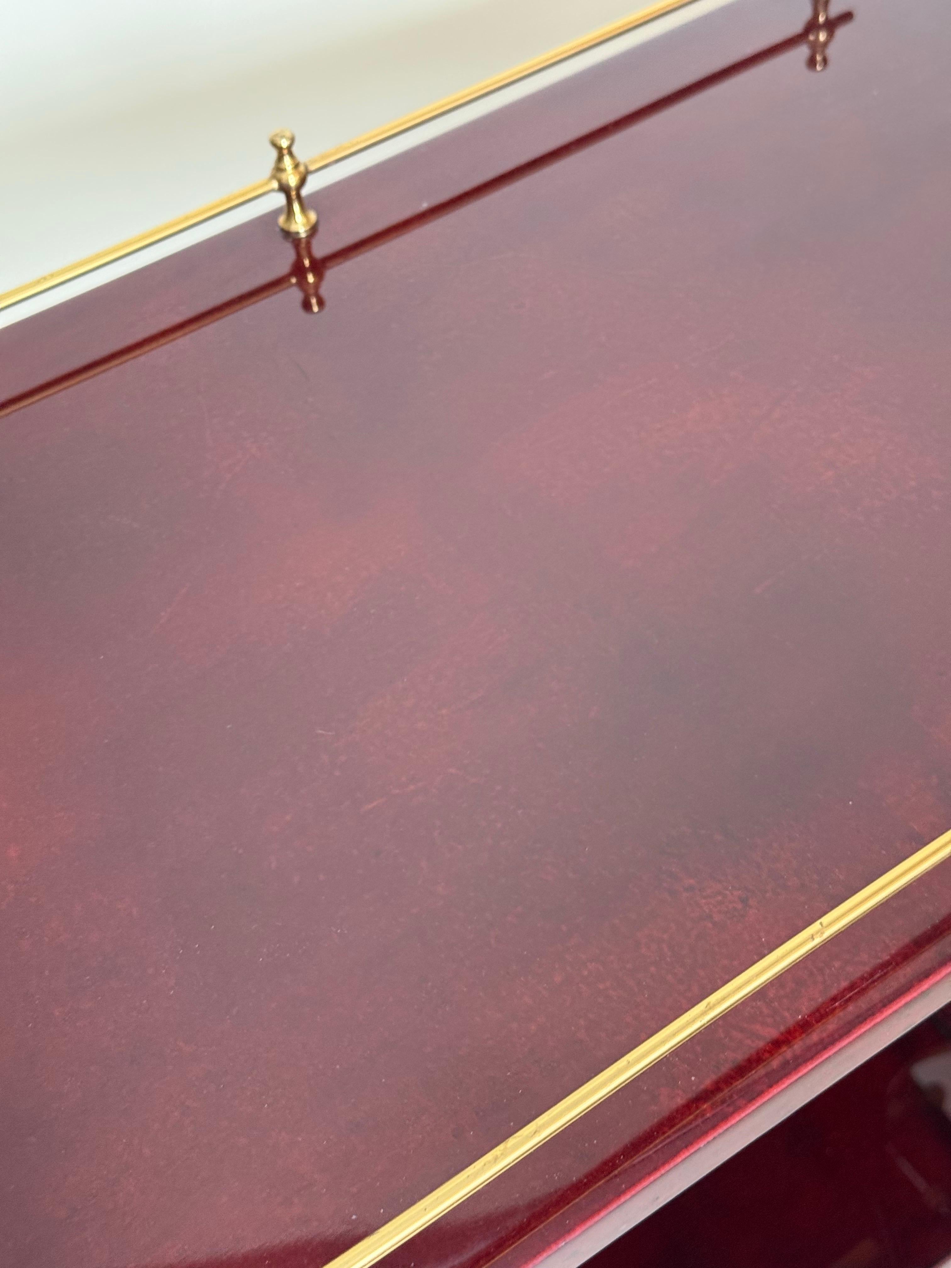 Italian Luxury Bar Cart in Dark Red Goatskin and Brass with Removable Tray  Aldo Tura For Sale