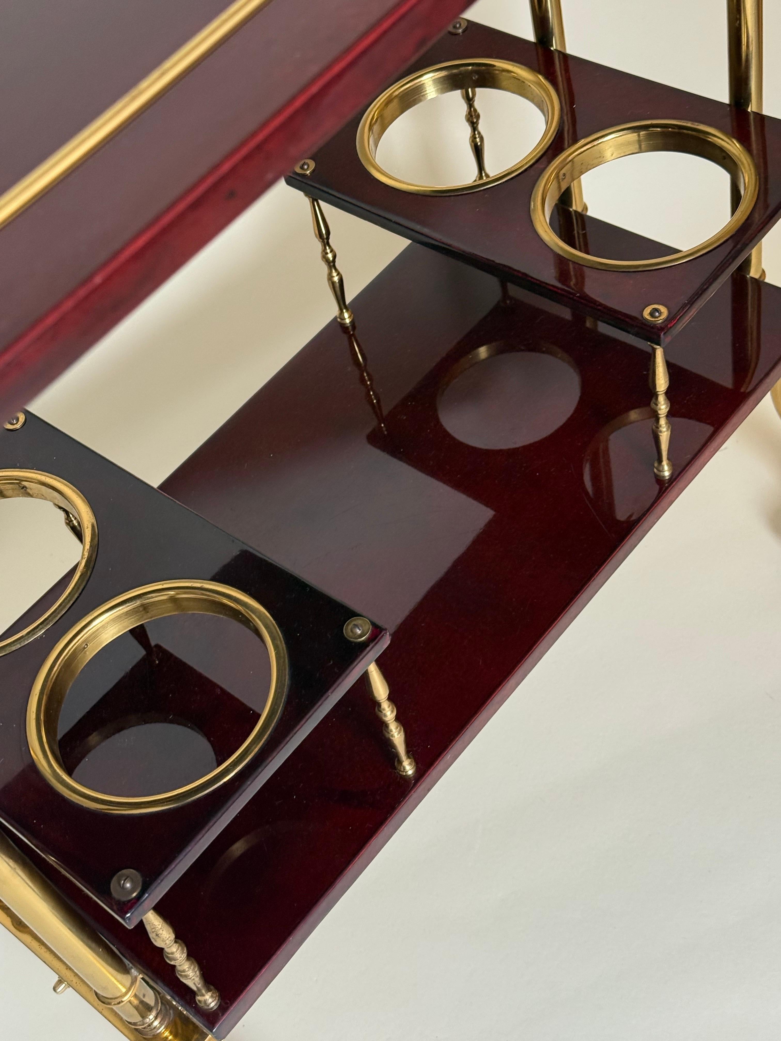 Hand-Crafted Luxury Bar Cart in Dark Red Goatskin and Brass with Removable Tray  Aldo Tura For Sale