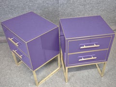 Luxury Bedside Tables in Violet Glass, Solid Wood and Brass Edges, Made in Italy