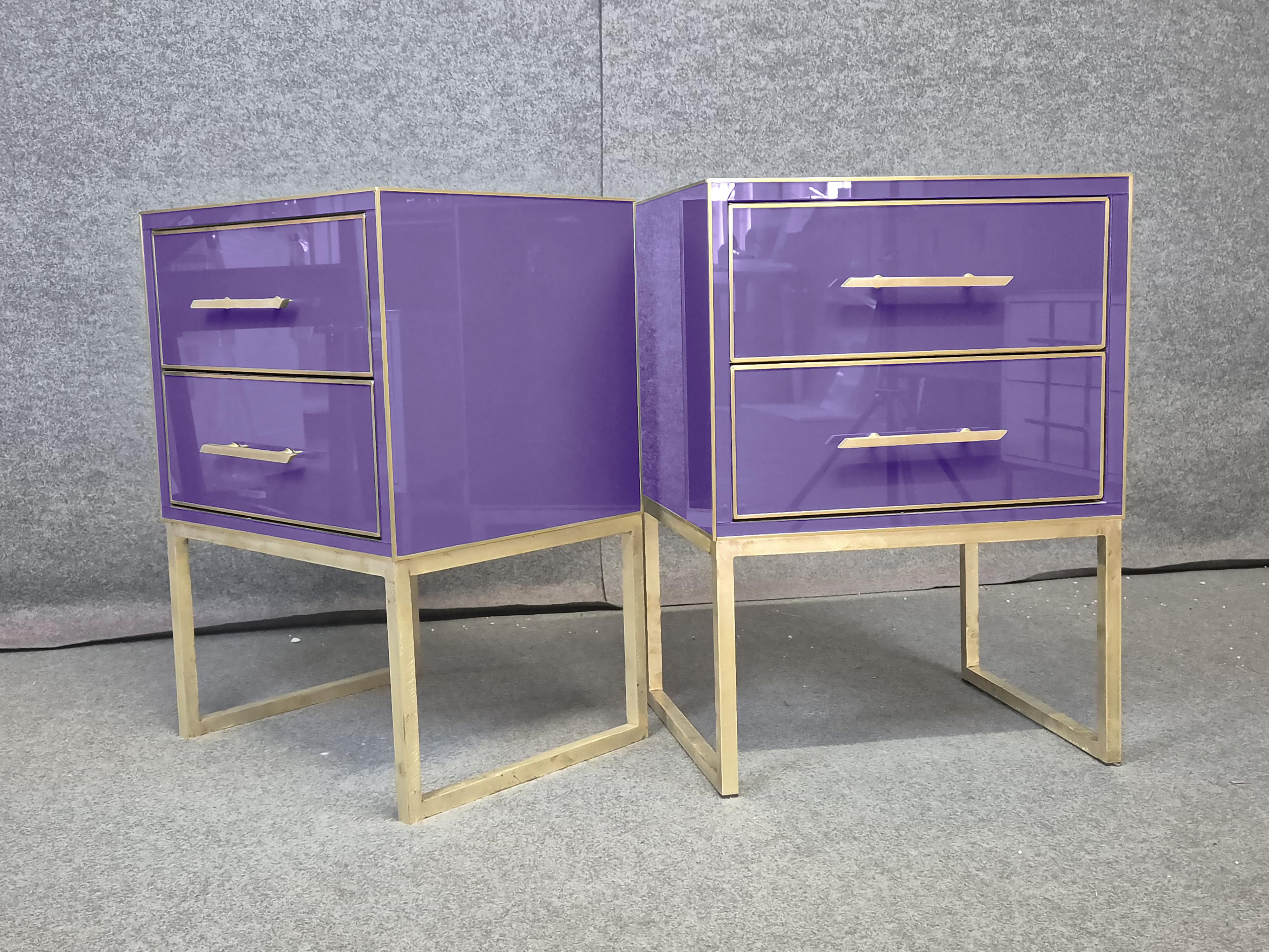 Beveled Luxury Bedside Tables in Violet Glass, Solid Wood and Brass Edges, Made in Italy For Sale