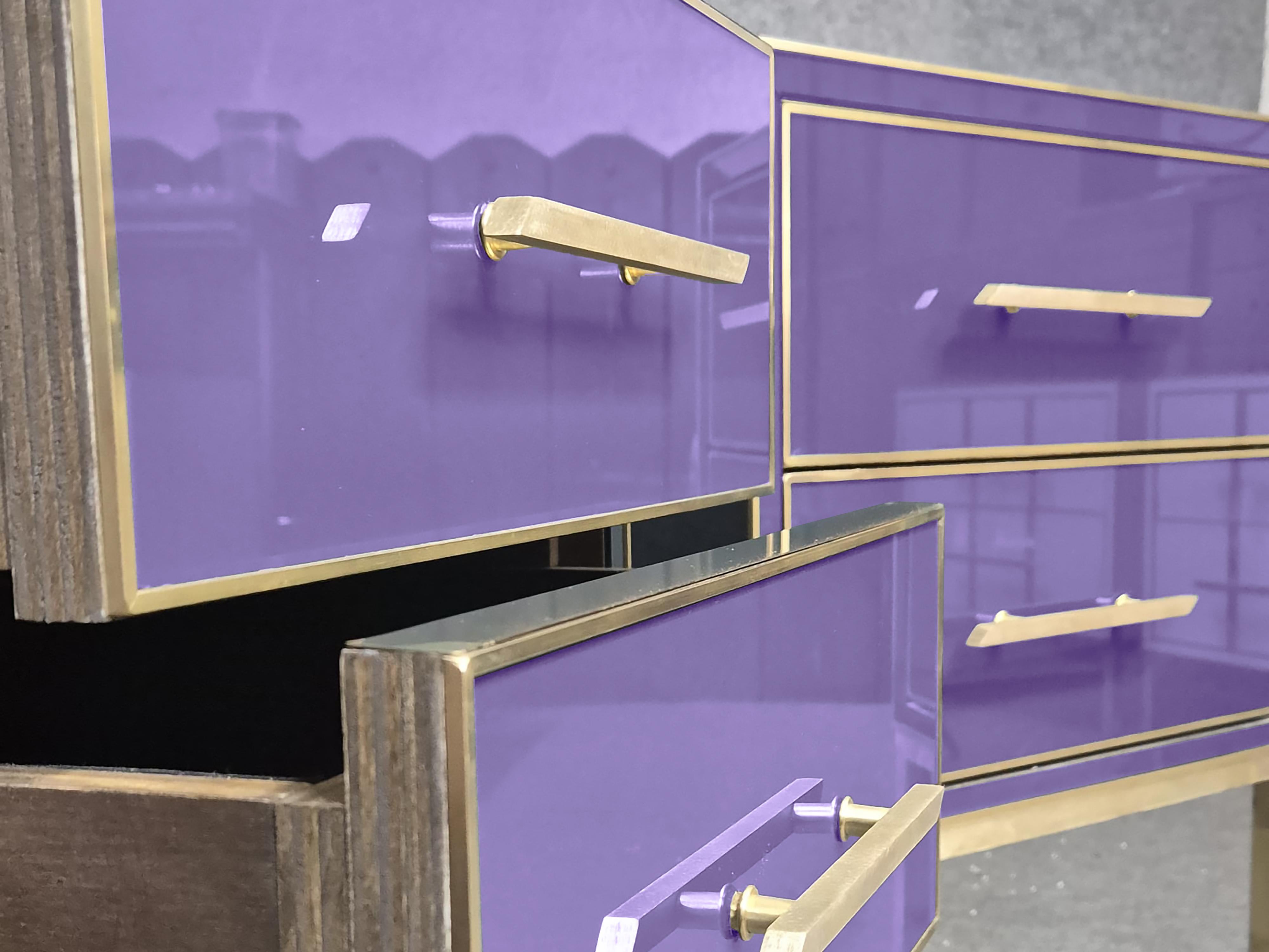 Contemporary Luxury Bedside Tables in Violet Glass, Solid Wood and Brass Edges, Made in Italy For Sale