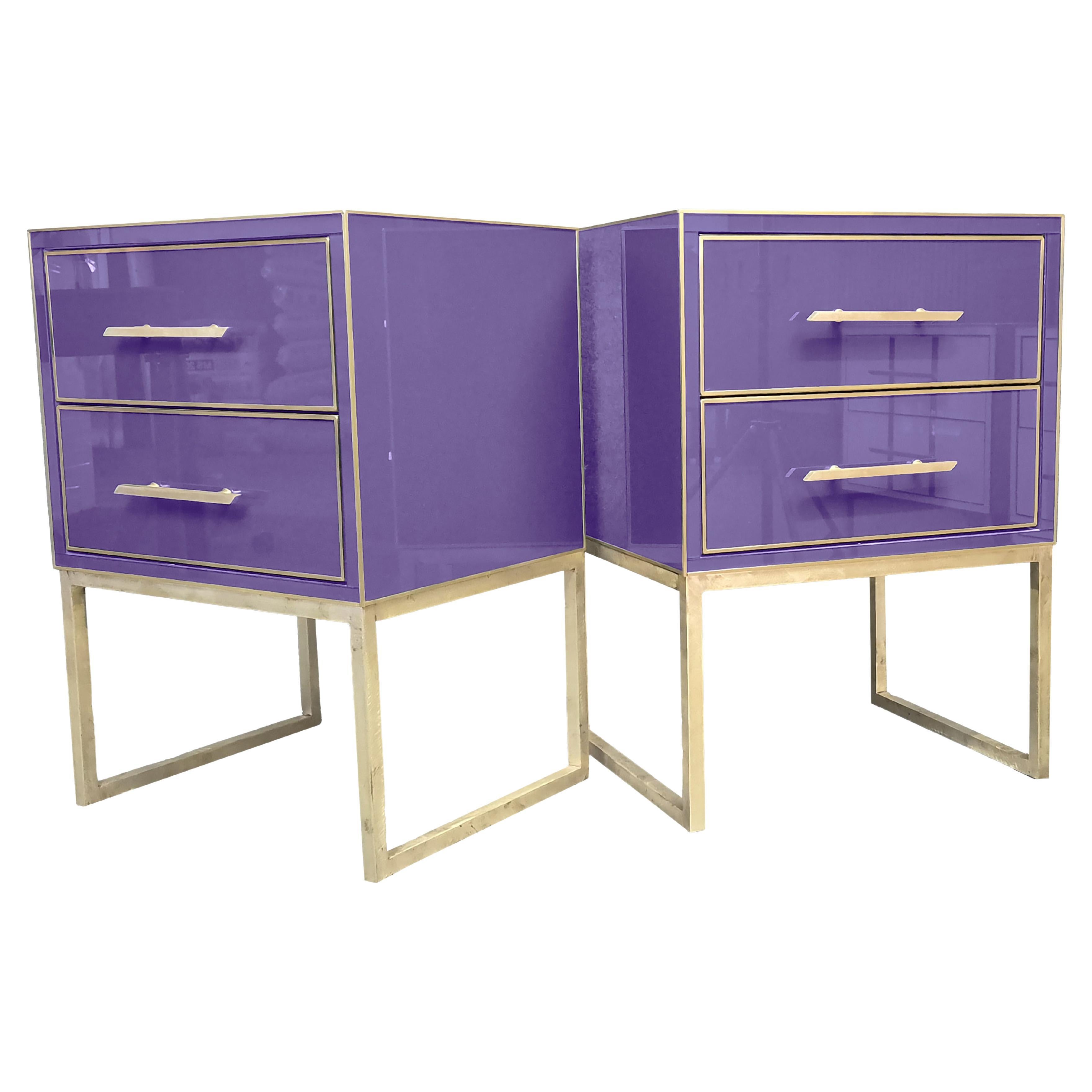 Luxury Bedside Tables in Violet Glass, Solid Wood and Brass Edges, Made in Italy