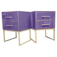 Luxury Bedside Tables in Violet Glass, Solid Wood and Brass Edges, Made in Italy