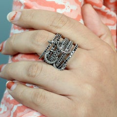 Luxury Black Diamond Connected Link Statement Ring In SIlver