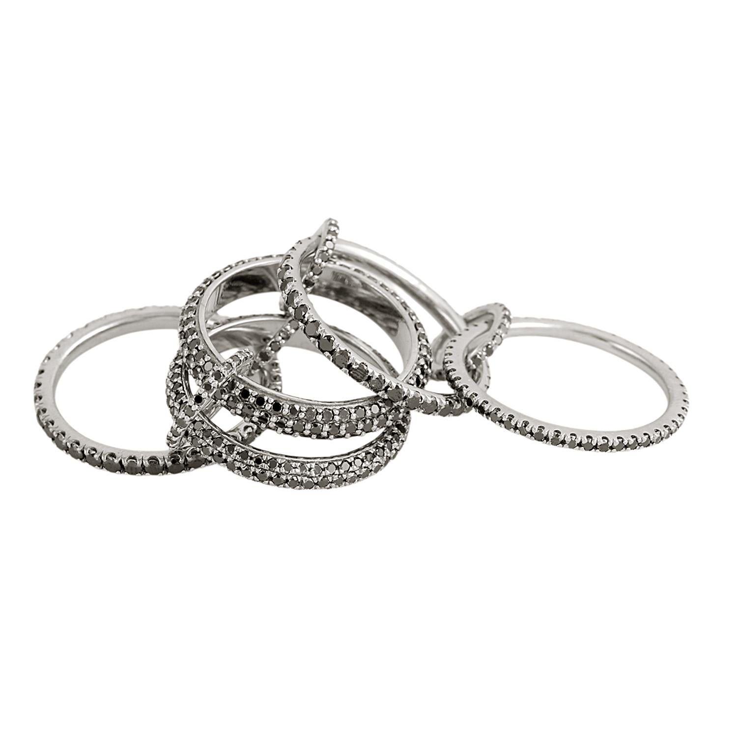 Lujoso anillo de diamantes negros Spinelli Link Statement Ring in SIlver Corte mixto en venta