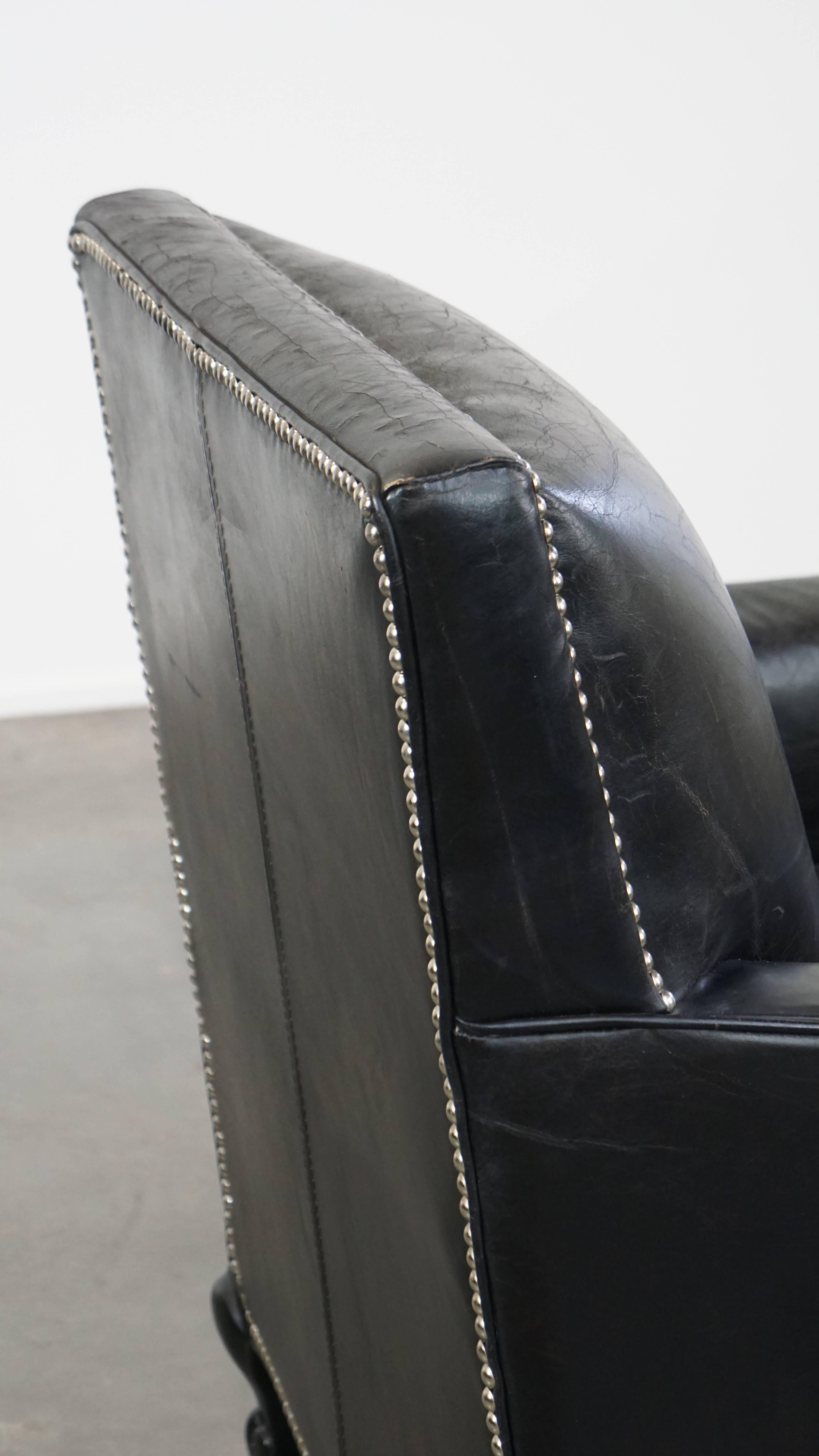 Luxury Black Grained Cowhide Leather Armchair with Deep Seat For Sale 6