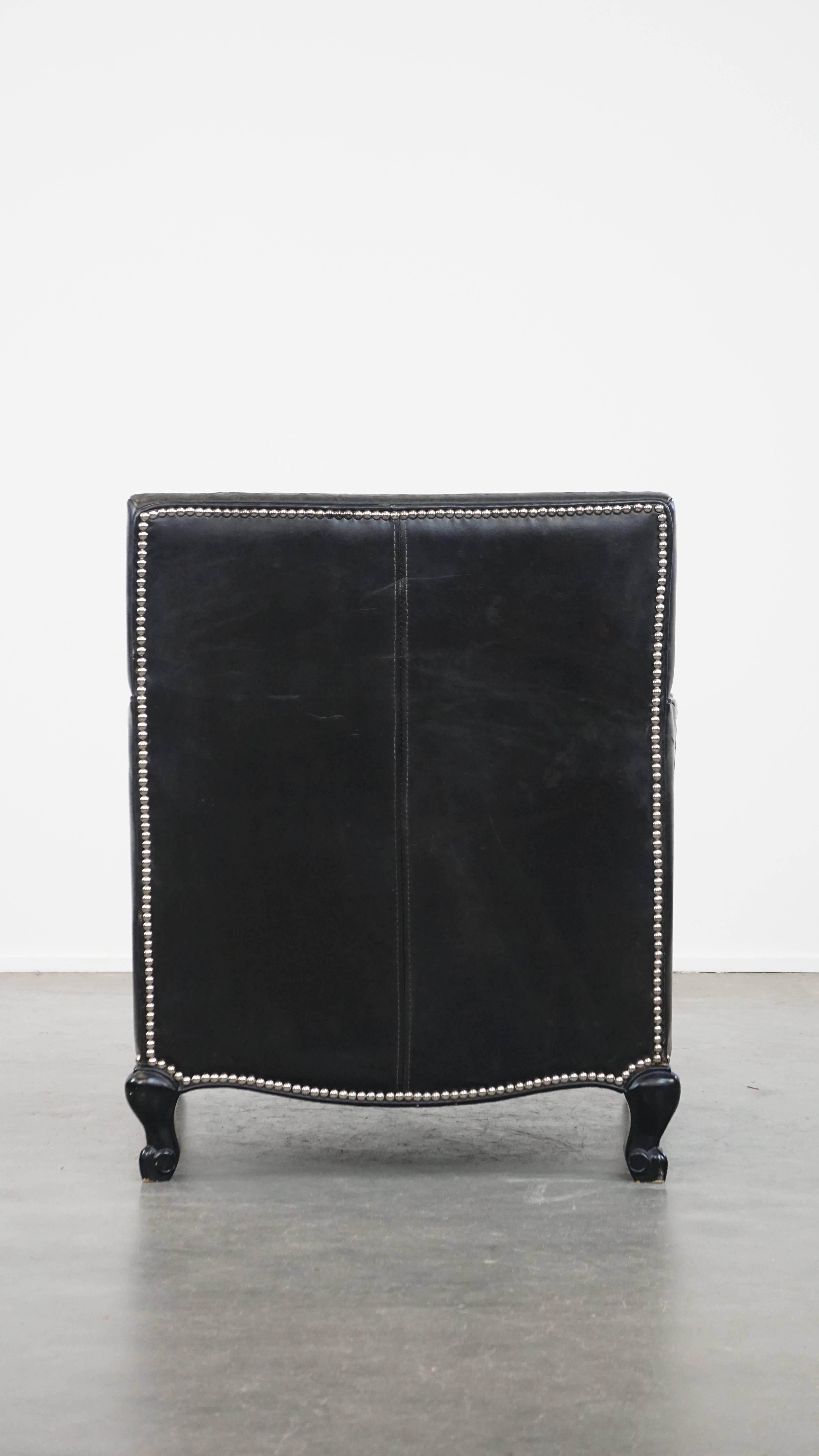 Hand-Crafted Luxury Black Grained Cowhide Leather Armchair with Deep Seat For Sale