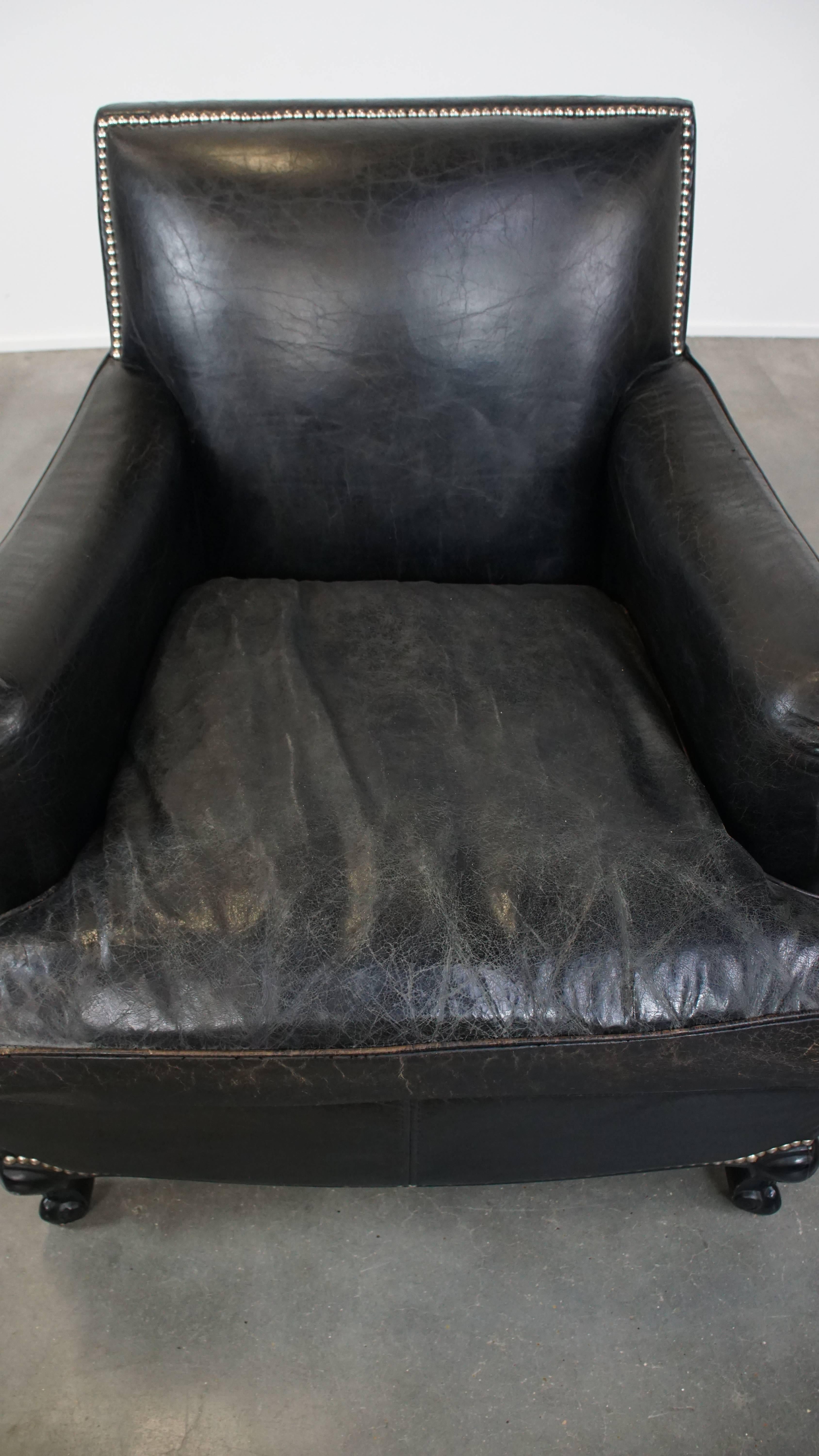 20th Century Luxury Black Grained Cowhide Leather Armchair with Deep Seat For Sale