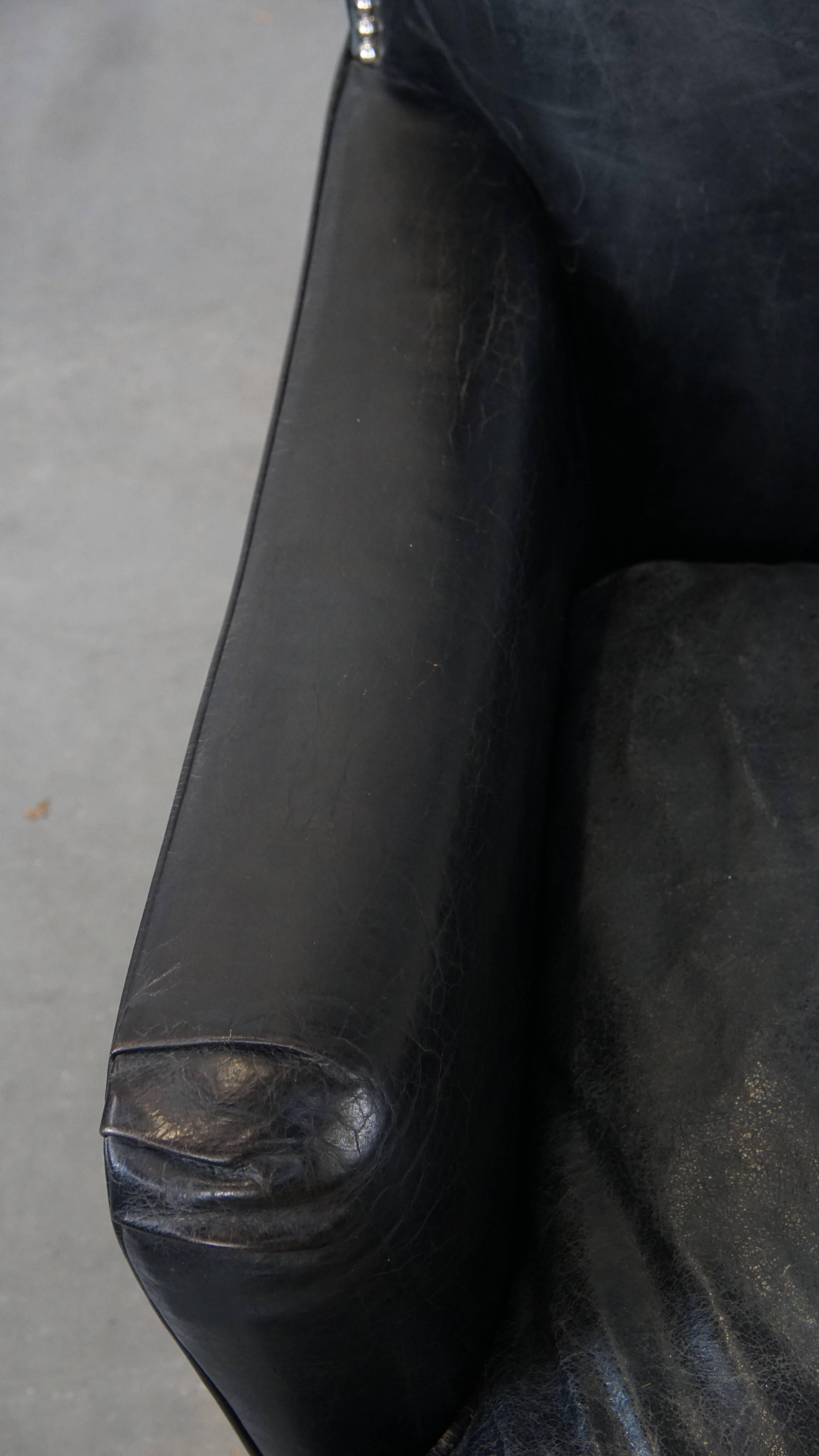 Luxury Black Grained Cowhide Leather Armchair with Deep Seat For Sale 1