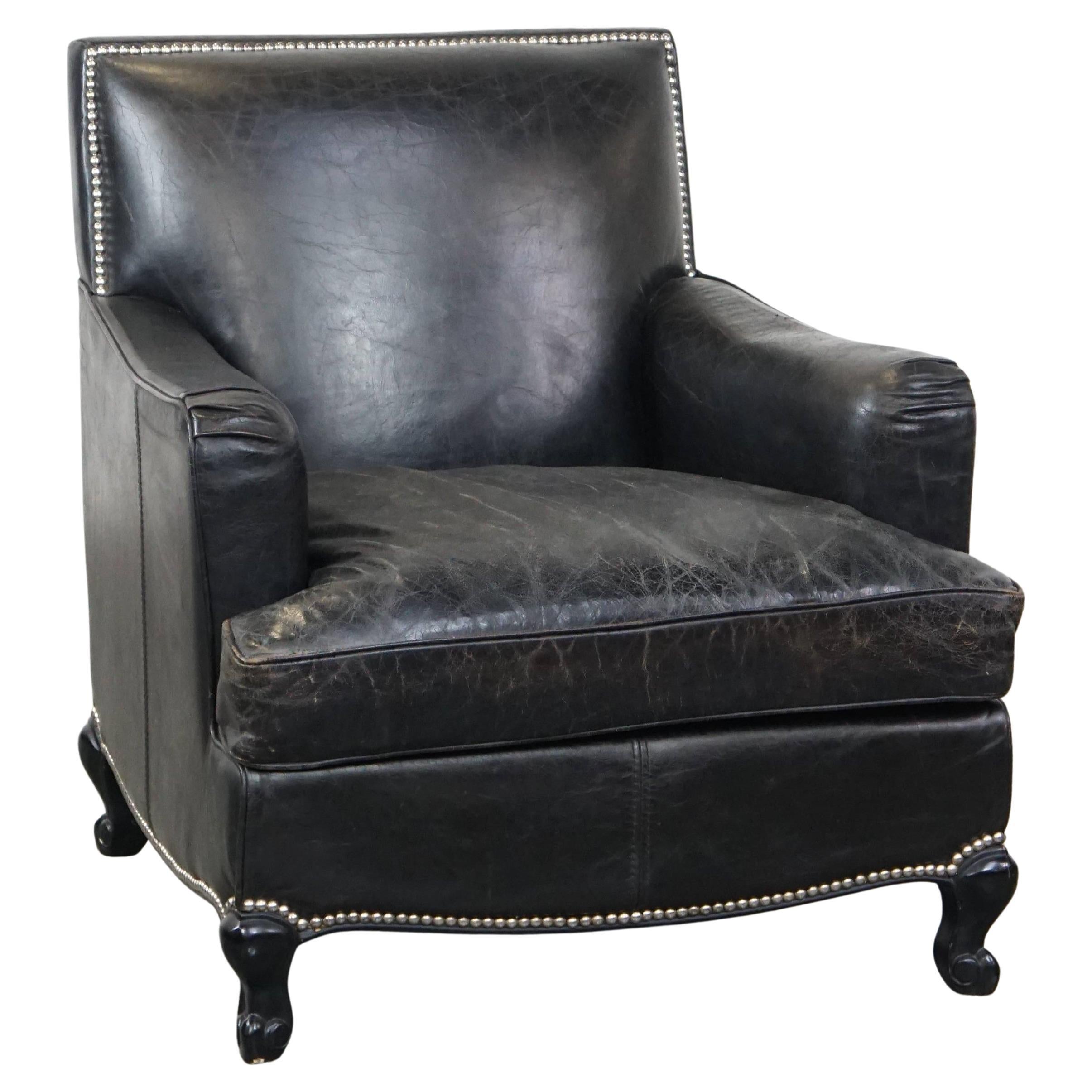 Luxury Black Grained Cowhide Leather Armchair with Deep Seat For Sale
