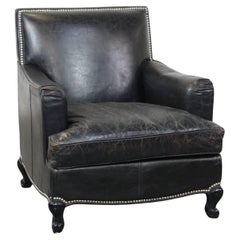 Luxury Black Grained Cowhide Leather Armchair with Deep Seat