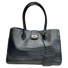 Used Luxury Black Matte Authentic Crocodile Leather Handbag