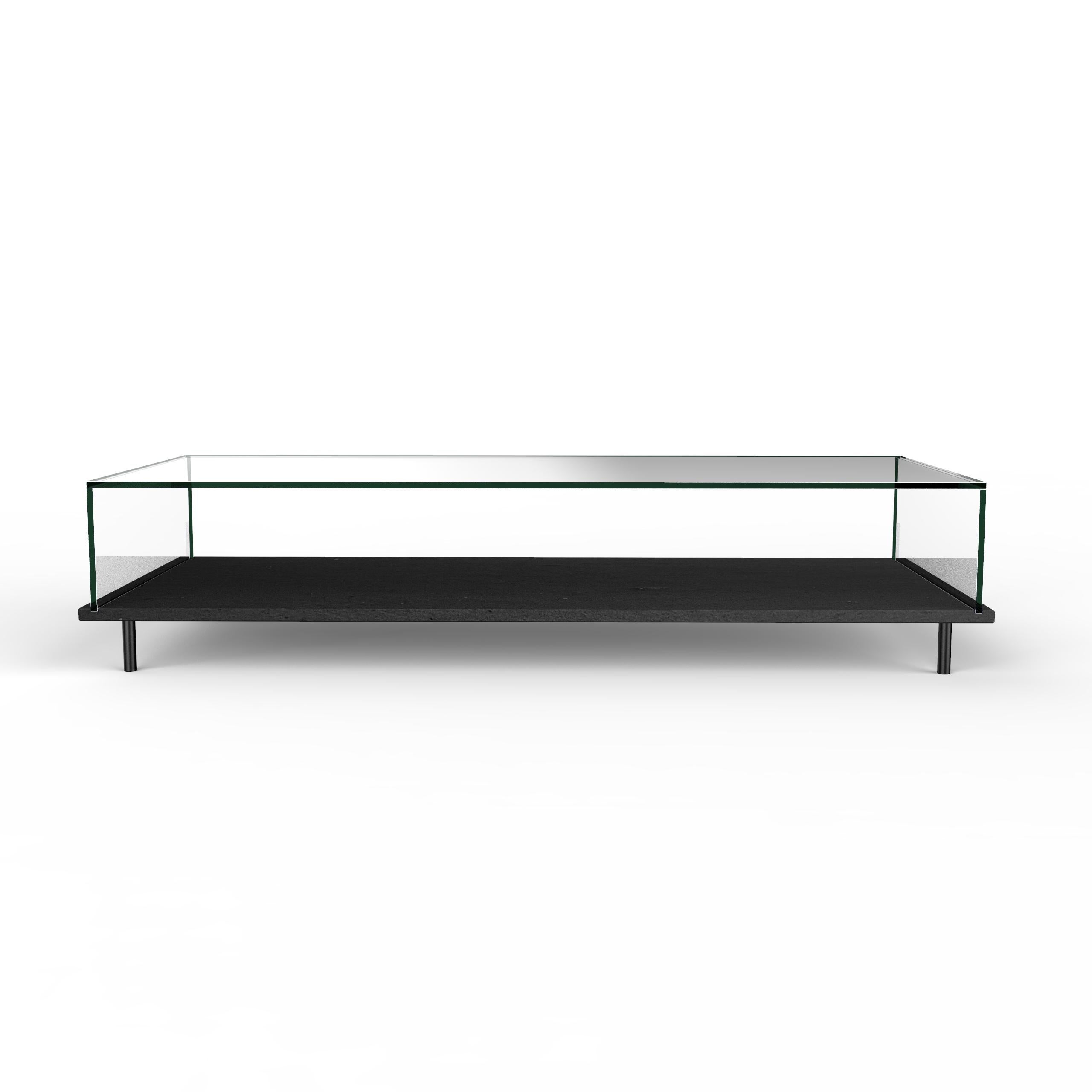 Mesa de centro de lujo de pizarra negra y cristal Lenar 2.0 Joaquín Moll Bespoke Design Hecho a mano en venta