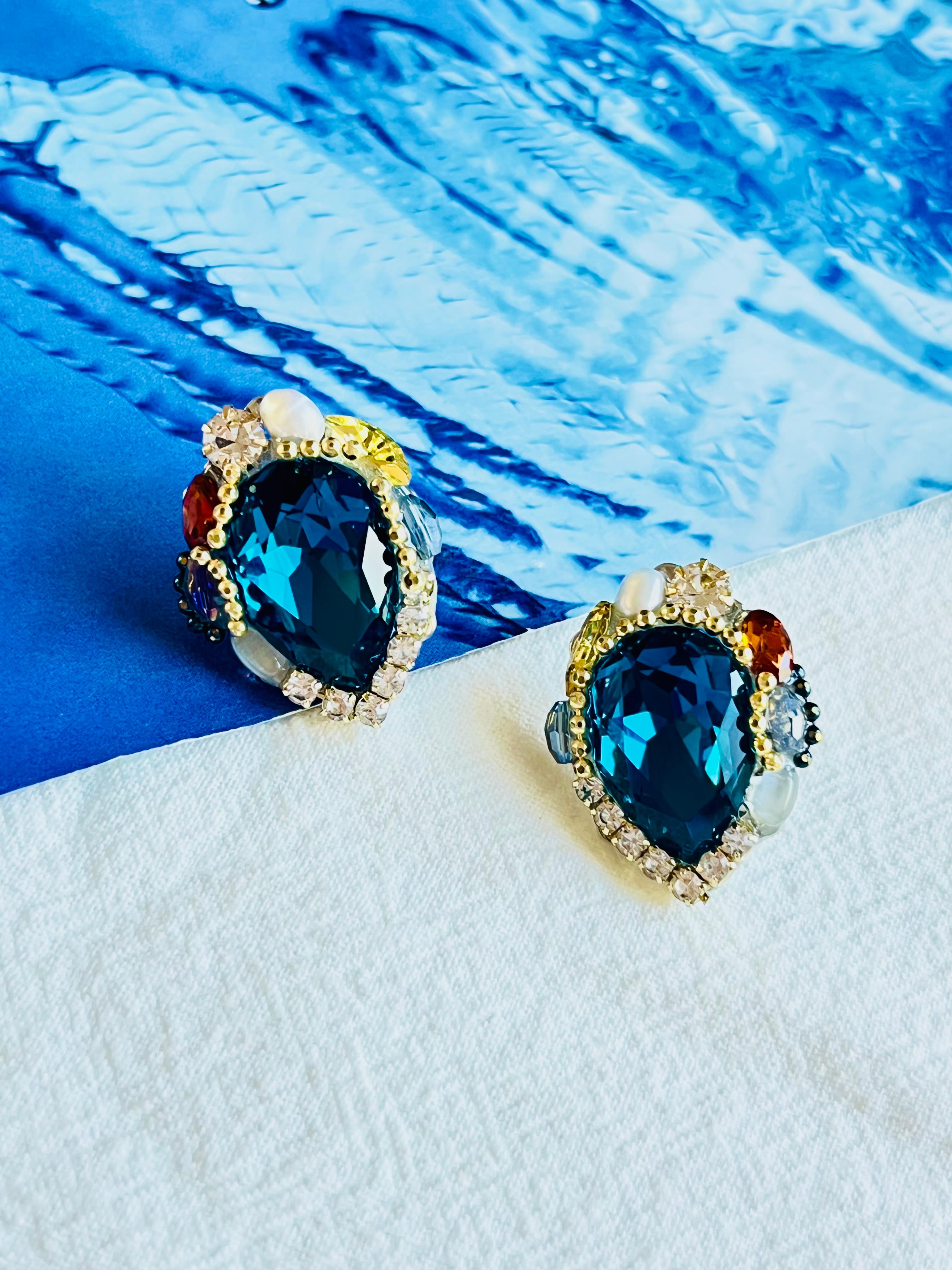 Artisan Luxury Blue Navy Pearl Swarovski Crystals Tear Water Retro Drop Clip Earrings For Sale
