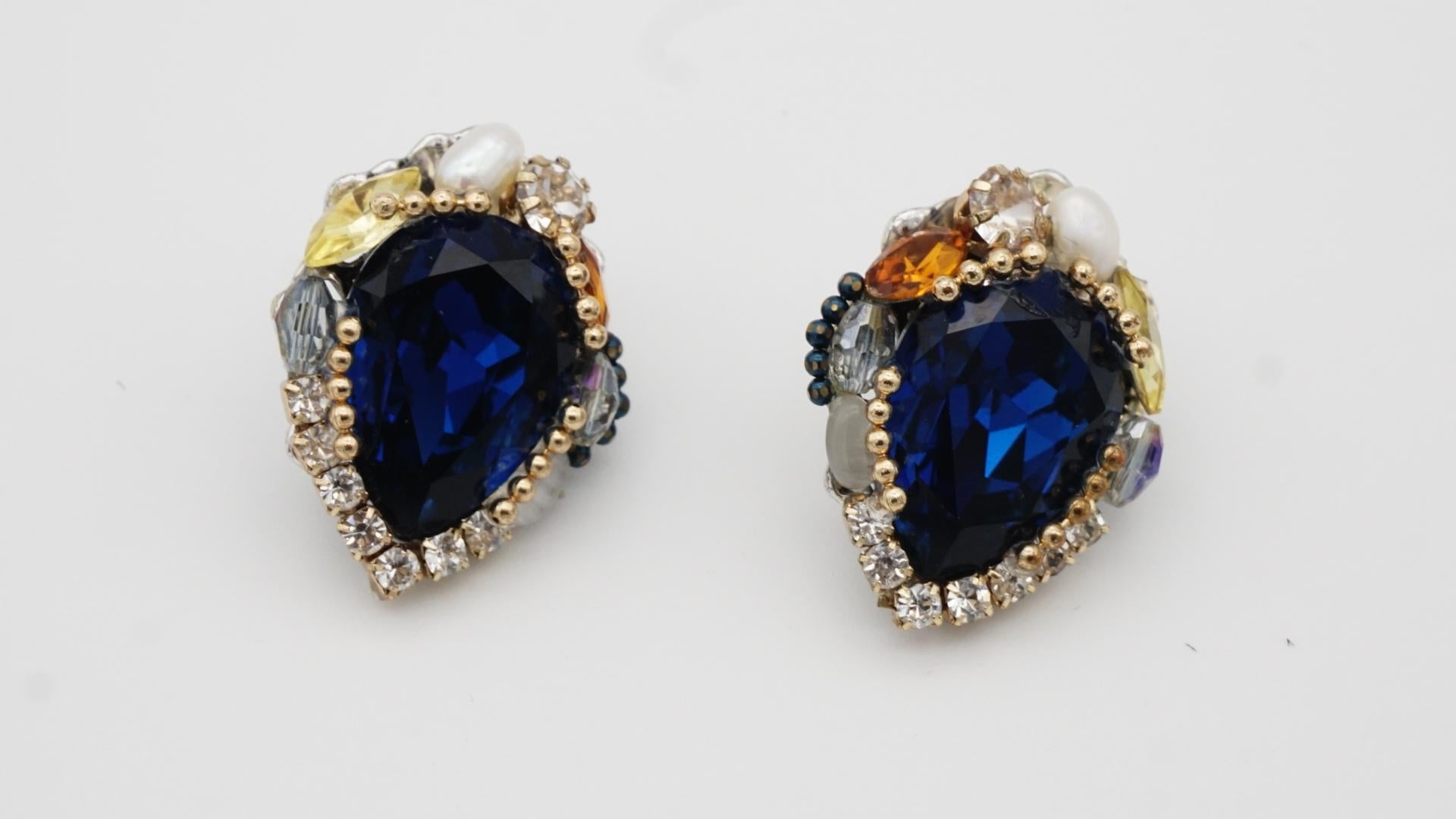 Luxury Blue Navy Pearl Swarovski Crystals Tear Water Retro Drop Clip Earrings For Sale 1