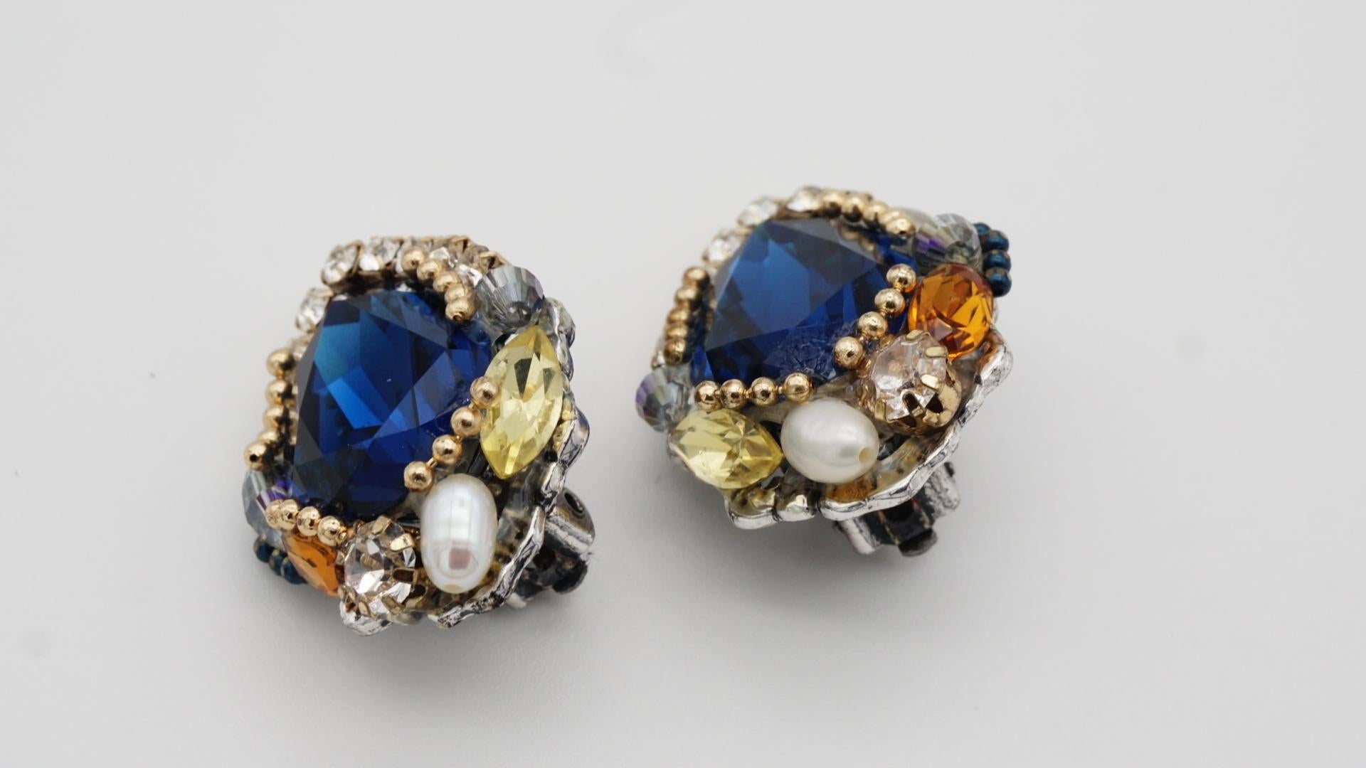 Luxus Marineblau Perle Swarovski Kristalle Tränen Wasser Retro Tropfen Clip Ohrringe im Angebot 2
