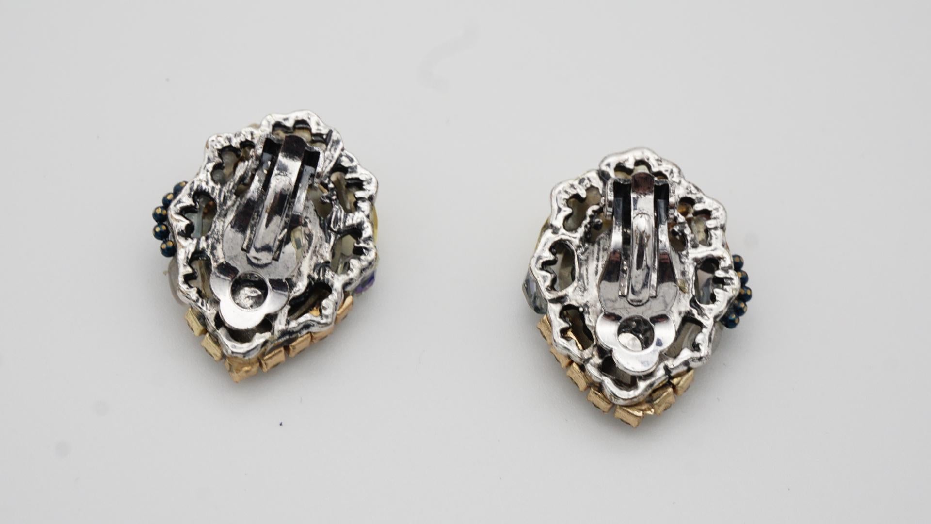 Luxury Blue Navy Pearl Swarovski Crystals Tear Water Retro Drop Clip Earrings For Sale 3