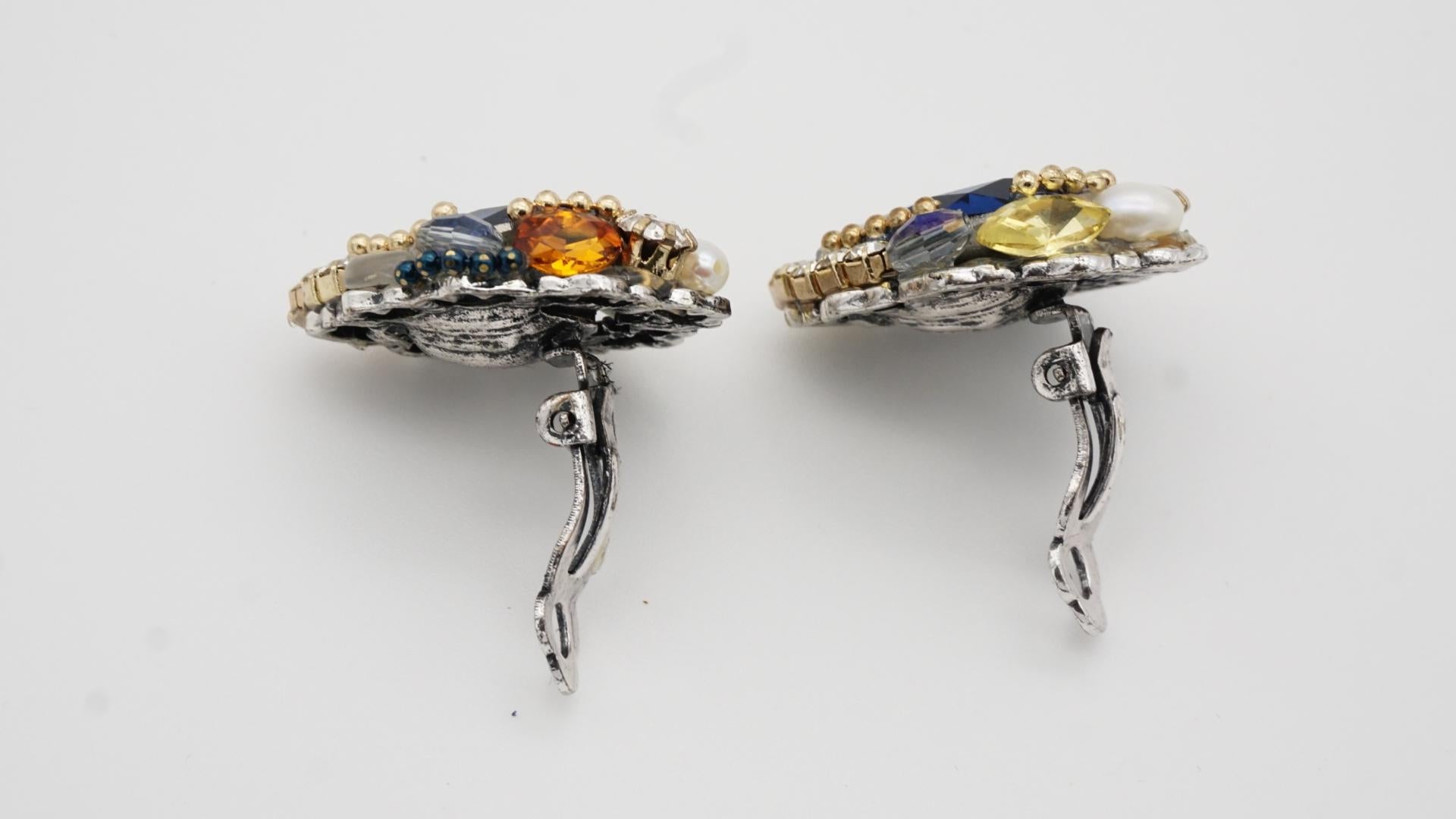 Luxury Blue Navy Pearl Swarovski Crystals Tear Water Retro Drop Clip Earrings For Sale 4