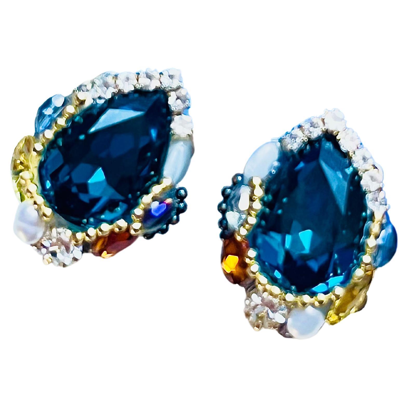 Luxury Blue Navy Pearl Swarovski Crystals Tear Water Retro Drop Clip Earrings For Sale