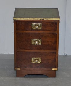 Luxury Burr Walnut Green Leather Brass Trim Military Campaign Side Table Drawers