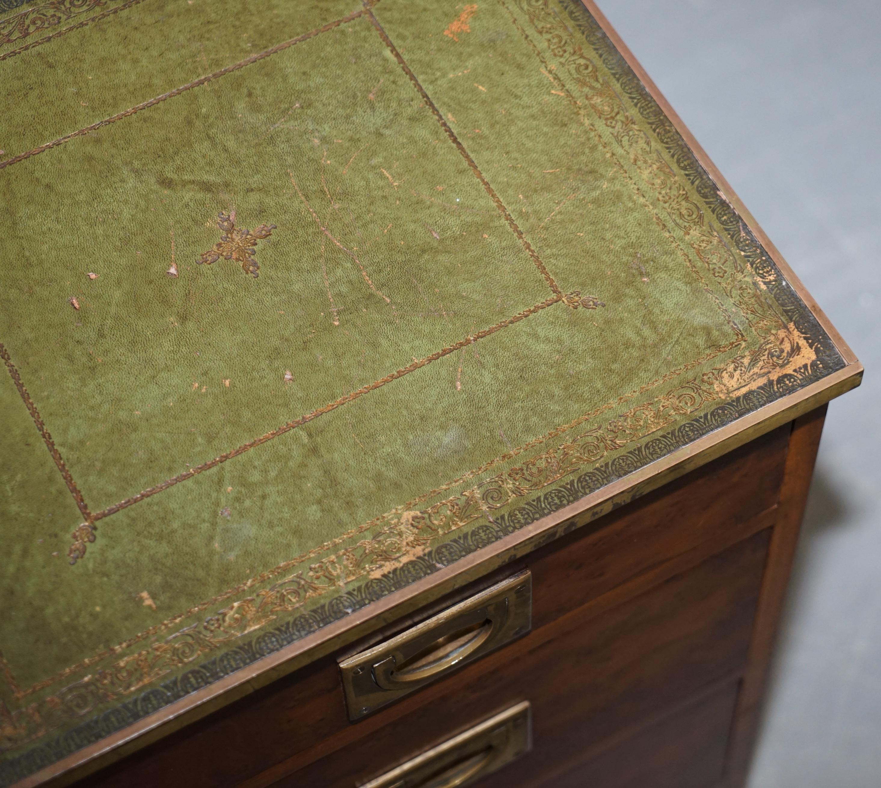 Luxury Burr Walnut Green Leather Brass Trim Military Campaign Side Table Drawers 1