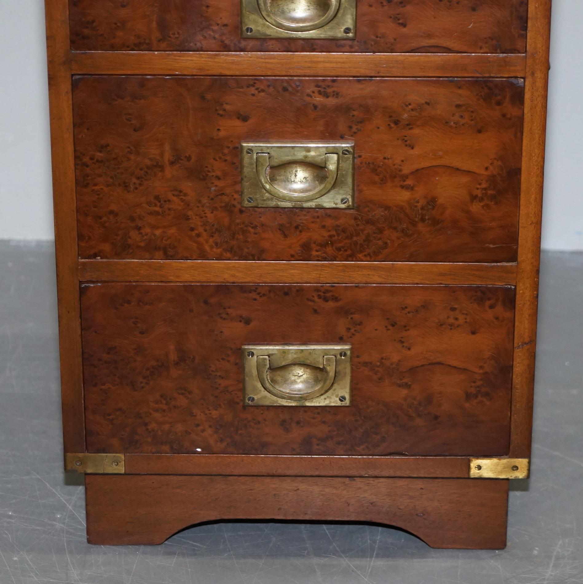 Luxury Burr Walnut Green Leather Brass Trim Military Campaign Side Table Drawers 3