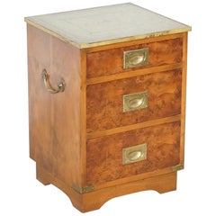 Luxury Burr Walnut Green Leather Brass Trim Military Campaign Side Table Drawers