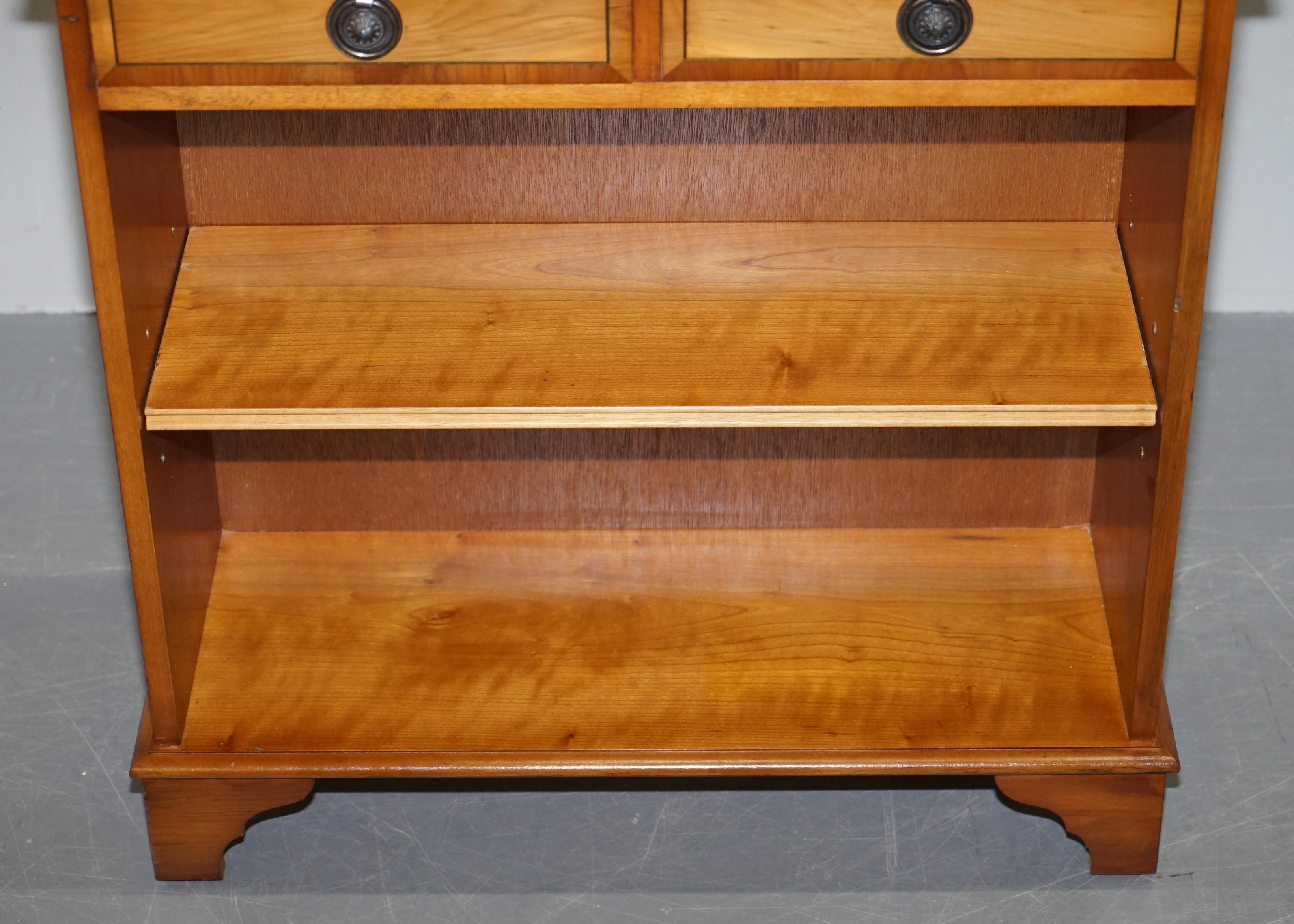 Luxury Burr Yew Wood Vintage Two Drawer Open Dwarf Library Bookcase Sideboard 6