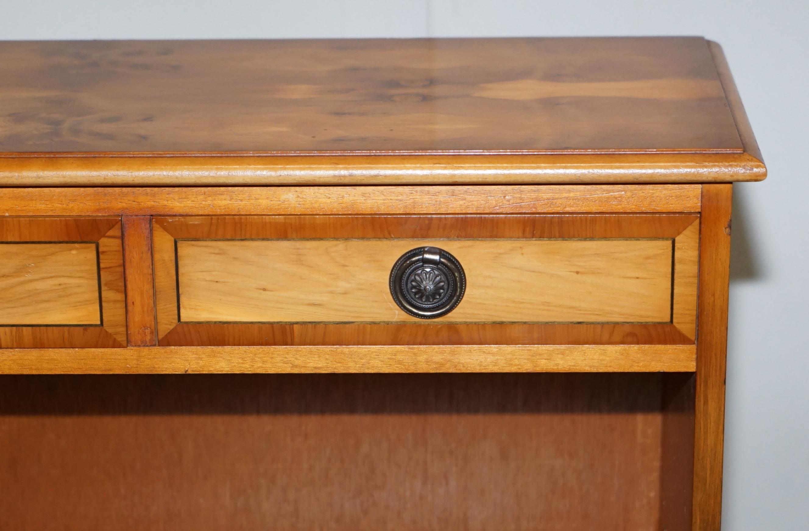 Luxury Burr Yew Wood Vintage Two Drawer Open Dwarf Library Bookcase Sideboard 5