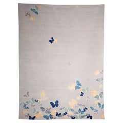 Lujosa alfombra nepalesa anudada a mano Butterfly Modern en beige. Lana y seda