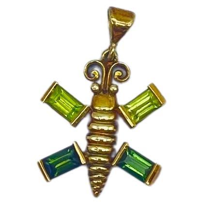 Baguette Cut luxury butterfly pendant in 14k gold with Tourmaline in Baguette cut  For Sale