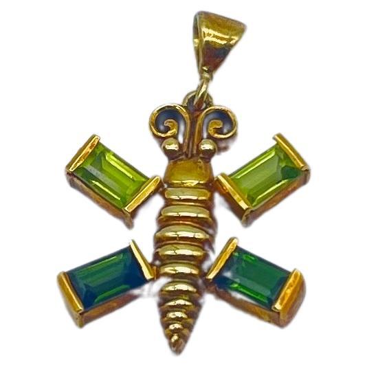 Women's or Men's luxury butterfly pendant in 14k gold with Tourmaline in Baguette cut  For Sale