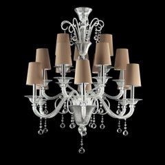 Luxury Chandelier 15 Arms Clear-silver Murano Glass and lampshades by Multiforme